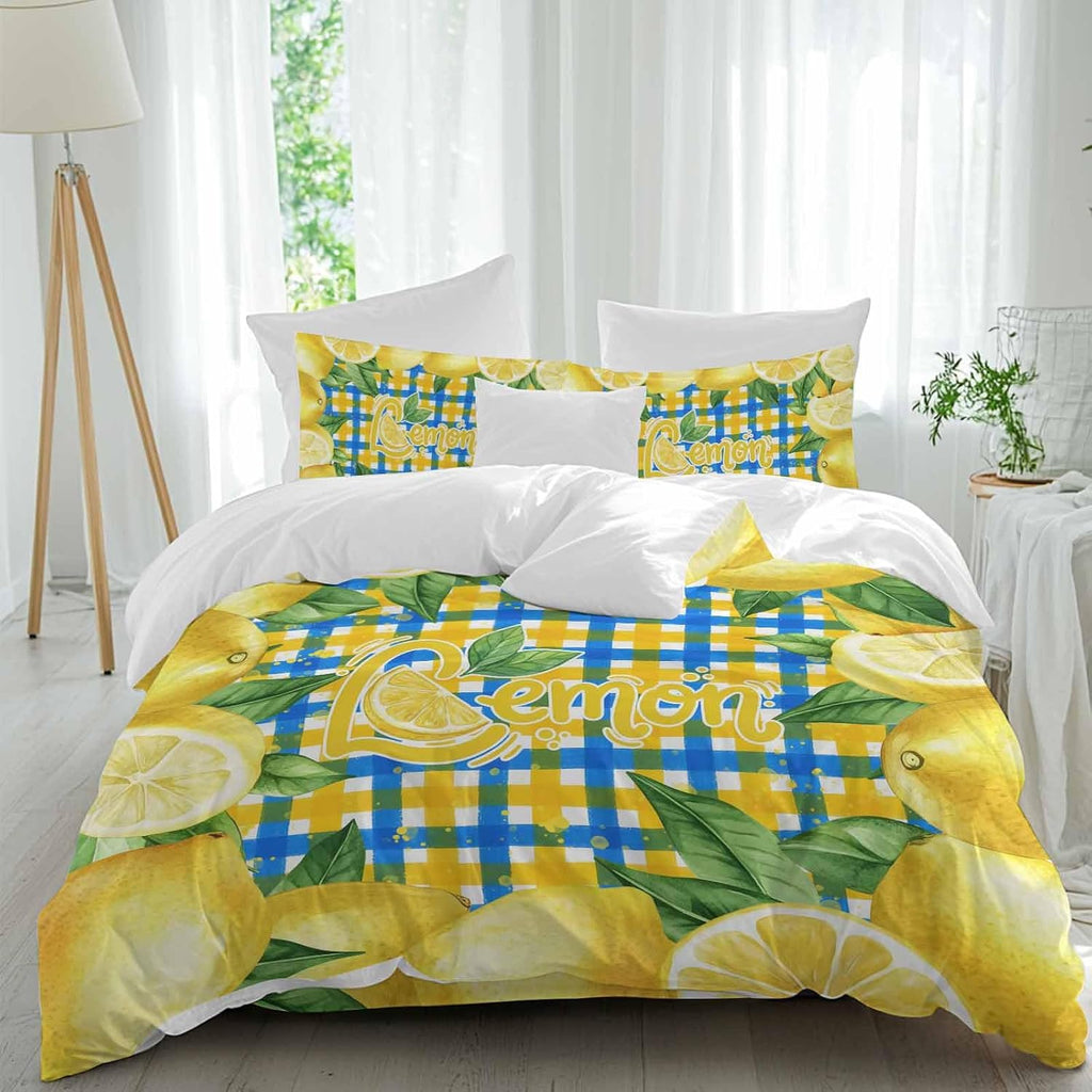 Summer Fruit Duvet Cover Set Queen Size 4 Pieces Watercolor Lemon Frame Letter Print Blue Yellow Plaid Bedding Set with Zipper Closure, 1 Comforter Cover 92x106 Inches 1 Flat Sheet & 2 Pillow Cases