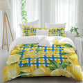 Summer Fruit Duvet Cover Set Queen Size 4 Pieces Watercolor Lemon Frame Letter Print Blue Yellow Plaid Bedding Set with Zipper Closure, 1 Comforter Cover 92x106 Inches 1 Flat Sheet & 2 Pillow Cases
