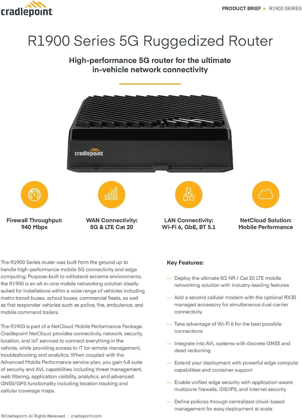 Cradlepoint, R1900 Router with WiFi (5G Modem), 1-Year Netcloud Mobile Performance Essentials Plan, Advanced Plan, NO AC/PSU, OR Antennas