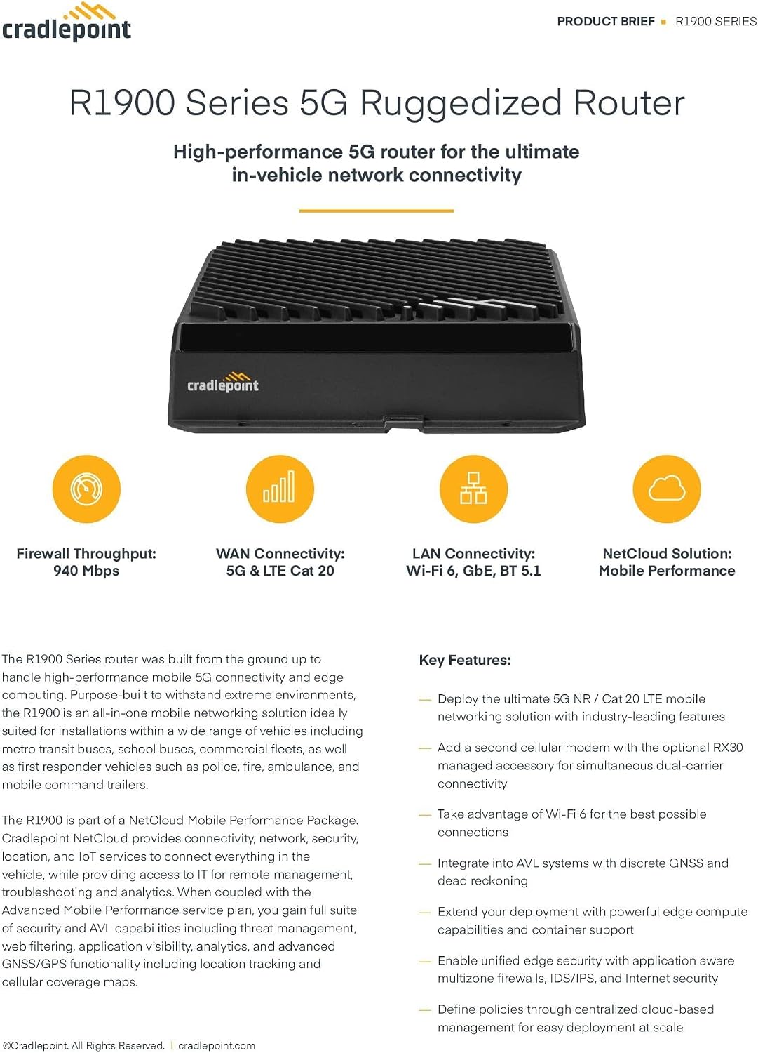 Cradlepoint, R1900 Router with WiFi (5G Modem), 1-Year Netcloud Mobile Performance Essentials Plan, Advanced Plan, NO AC/PSU, OR Antennas