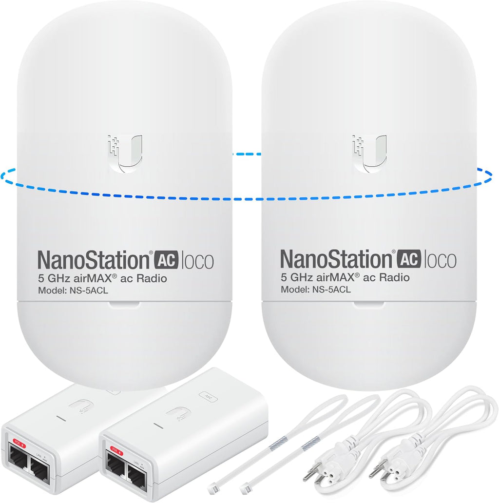 Wireless Bridge Ubiquiti LOCO5AC PRE-CONFIGURED, Bundle of 2 Ubiquiti Nanostation LOCO 5AC, Point to Point Outdoor WiFi Bridge, Plugh and Play, 5GHz, 450+Mbps, 10+km Link Range, Network Bridge