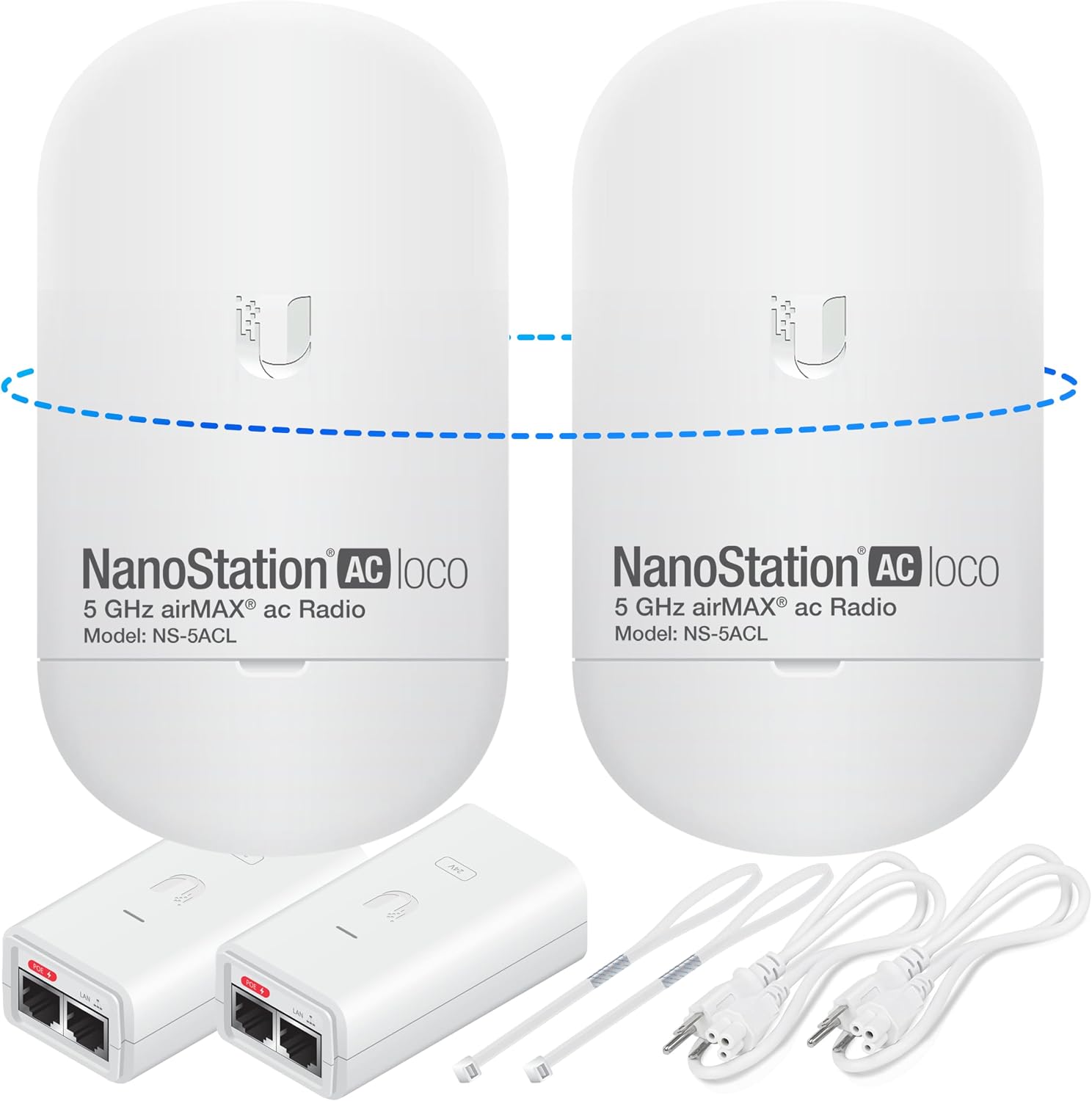 Wireless Bridge Ubiquiti LOCO5AC PRE-CONFIGURED, Bundle of 2 Ubiquiti Nanostation LOCO 5AC, Point to Point Outdoor WiFi Bridge, Plugh and Play, 5GHz, 450+Mbps, 10+km Link Range, Network Bridge