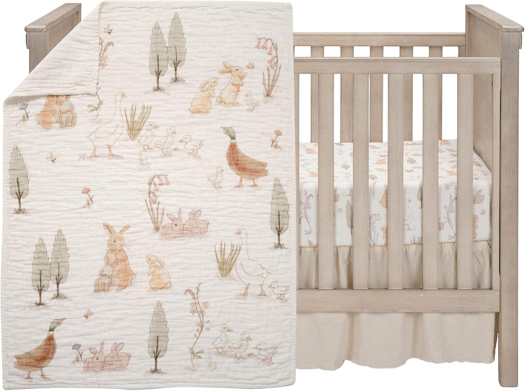Lambs & Ivy Signature Bunny Hop Organic Cotton Muslin 3-Piece Crib Bedding Set