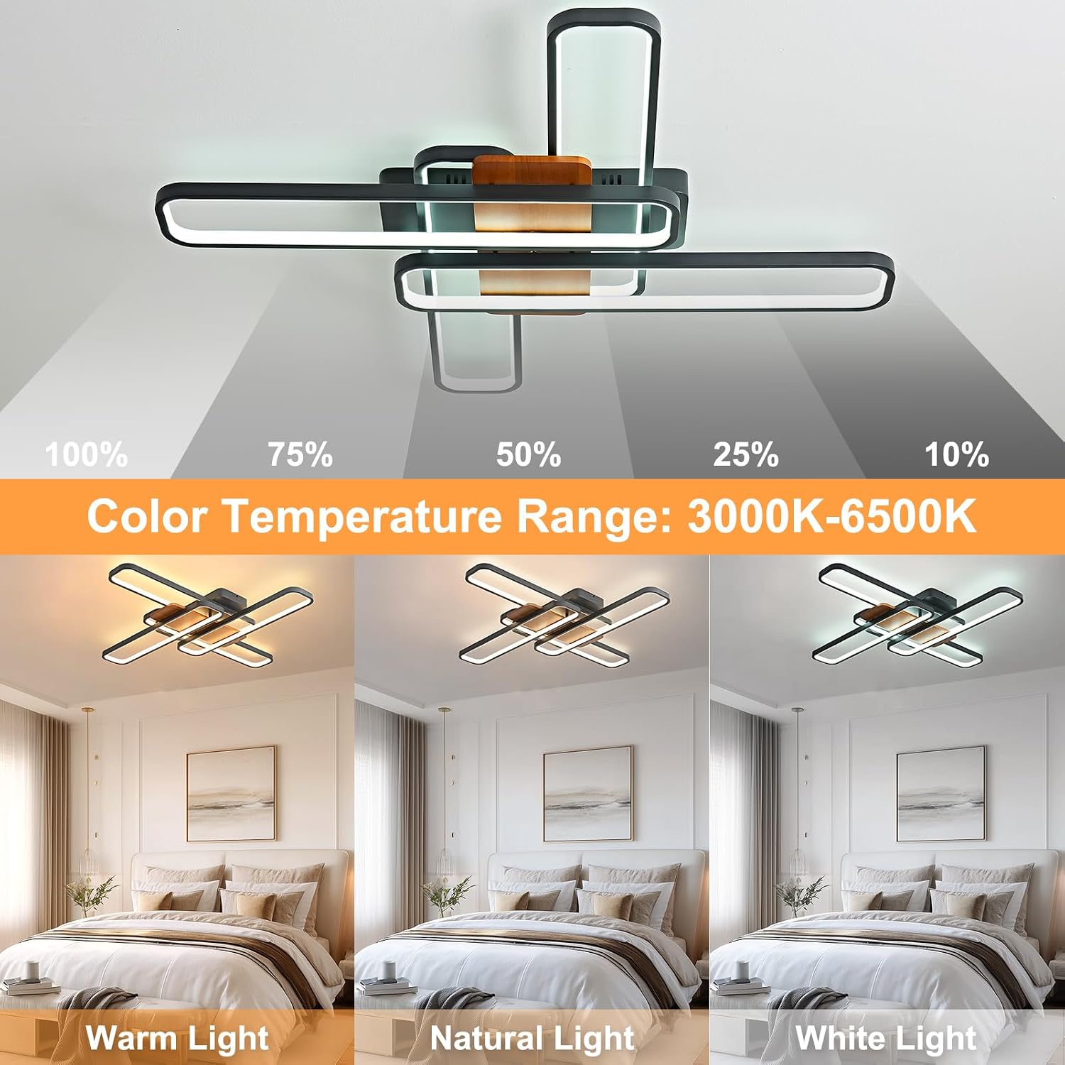 37.4' Modern LED Ceiling Lights with Remote Control 160W Dimmable Wood Ceiling Light Chandeliers, 3000K–6500K Large Close to Ceiling Lighting Fixture for Living Room Bedroom Kitchen