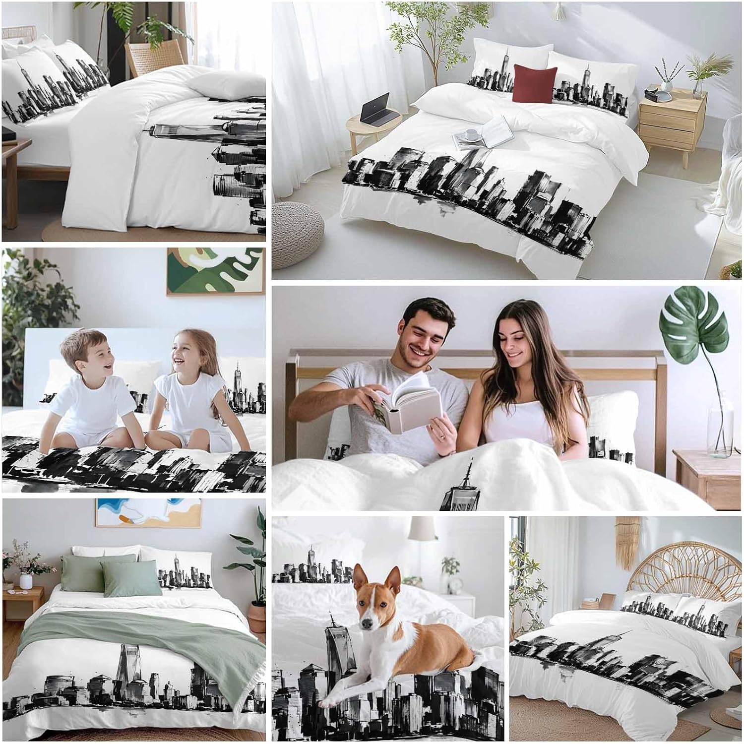 City Silhouette Duvet Cover Set Queen Size 4 Pieces Modern Minimalist Black and White Skyscraper Bedding Set with Zipper Closure, 1 Comforter Cover 86x86 Inches 1 Flat Sheet & 2 Pillow Cases