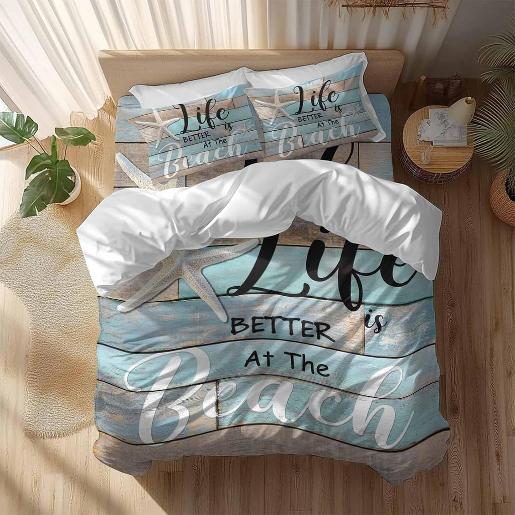 Life Is Duvet Cover Set Queen Size 4 Pieces Better at The Beach Summer Starfish Teal Wood Grain Bedding Set with Zipper Closure, 1 Comforter Cover 86x86 Inches 1 Flat Sheet & 2 Pillow Cases