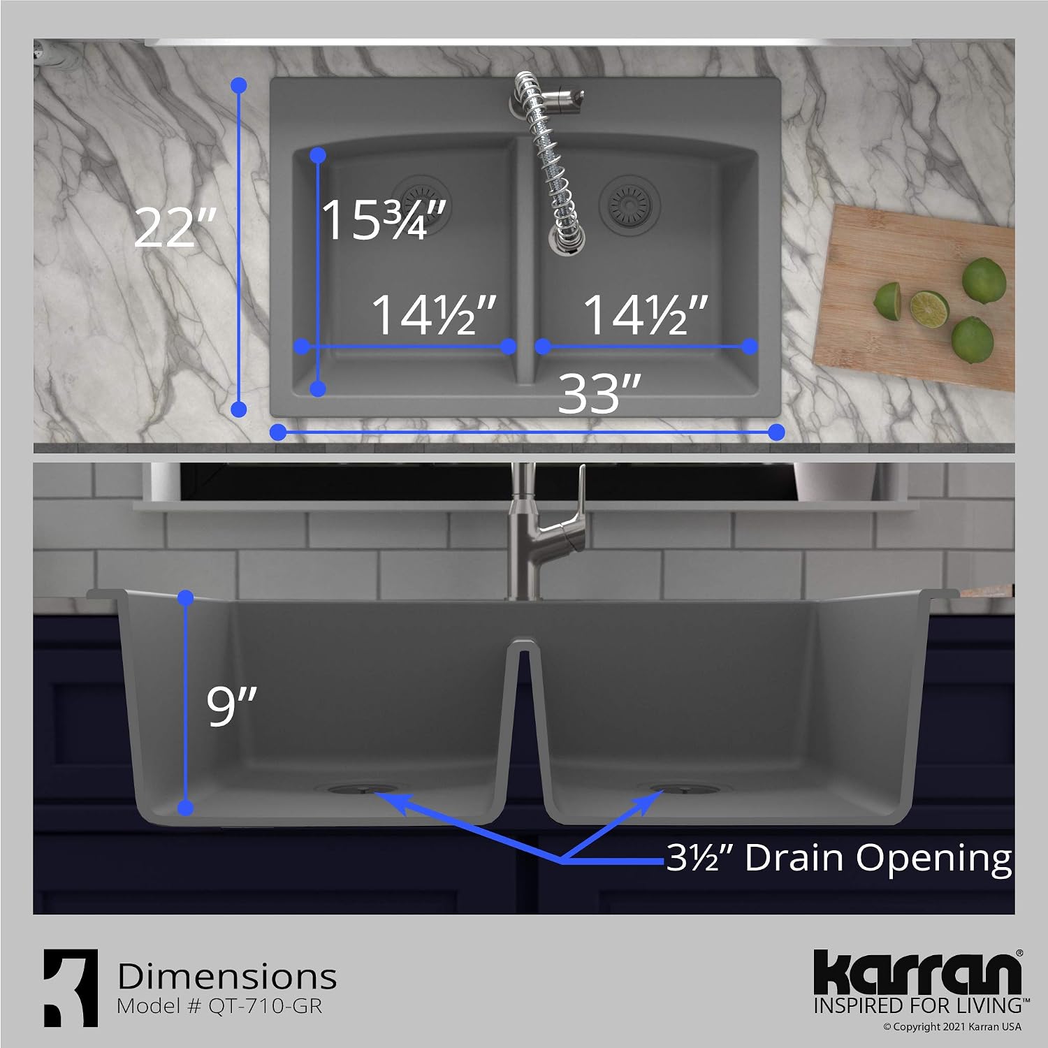 Karran QT-710 33 Inch Top Mount Double Bowl Kitchen Sink, 50/50 Low Divide Quartz Composite Drop-In Sink, Rear Drain, Heat and Scratch Resistant, Grey