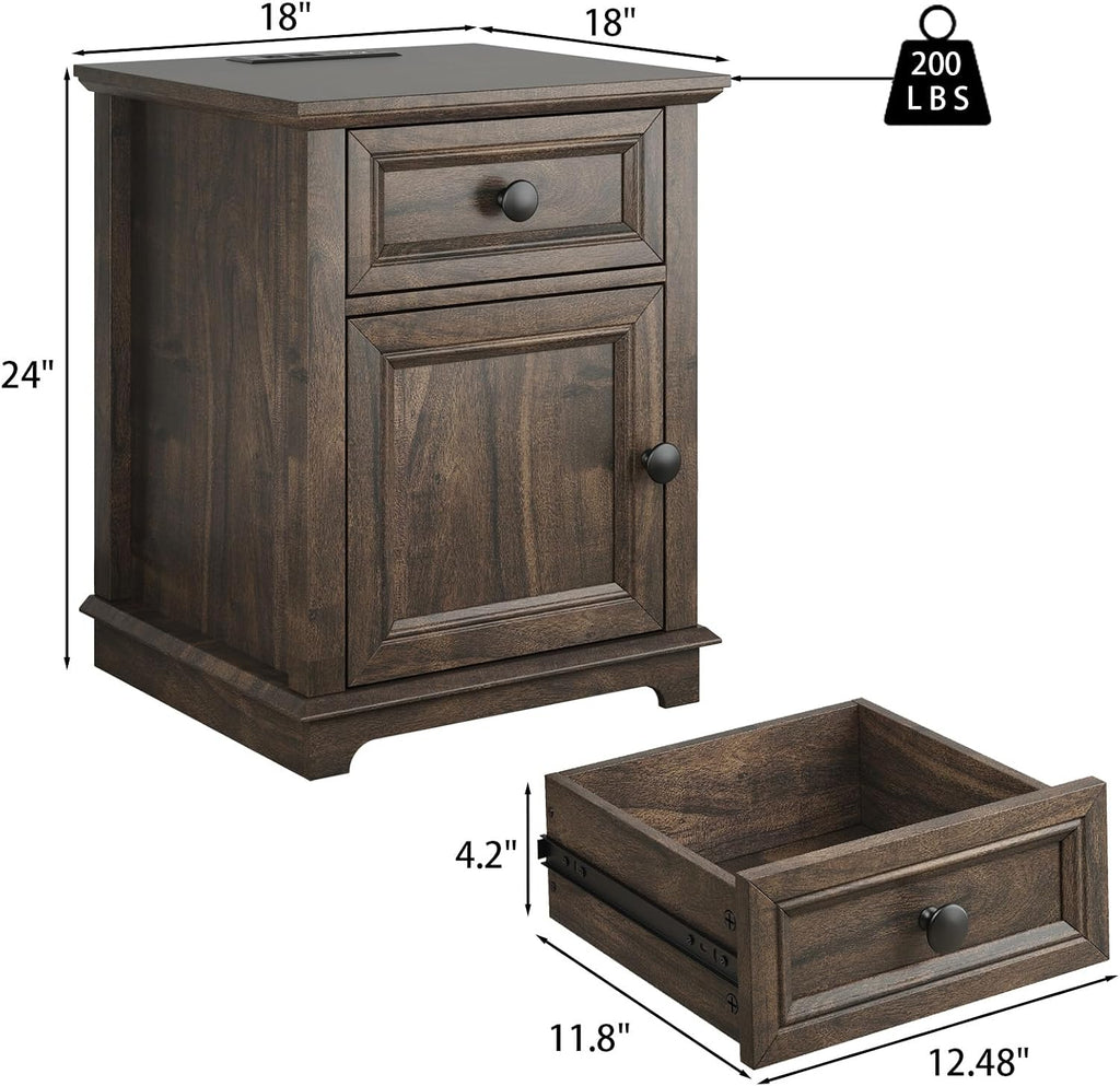 REDAYFUR 24' End Table with Fast Charging Station, Side Table with Drawer, Adjustable Shelf & Large Storage Cabinet, Vintage Wooden Nightstand for Living Room/Bedroom, Rustic Brown
