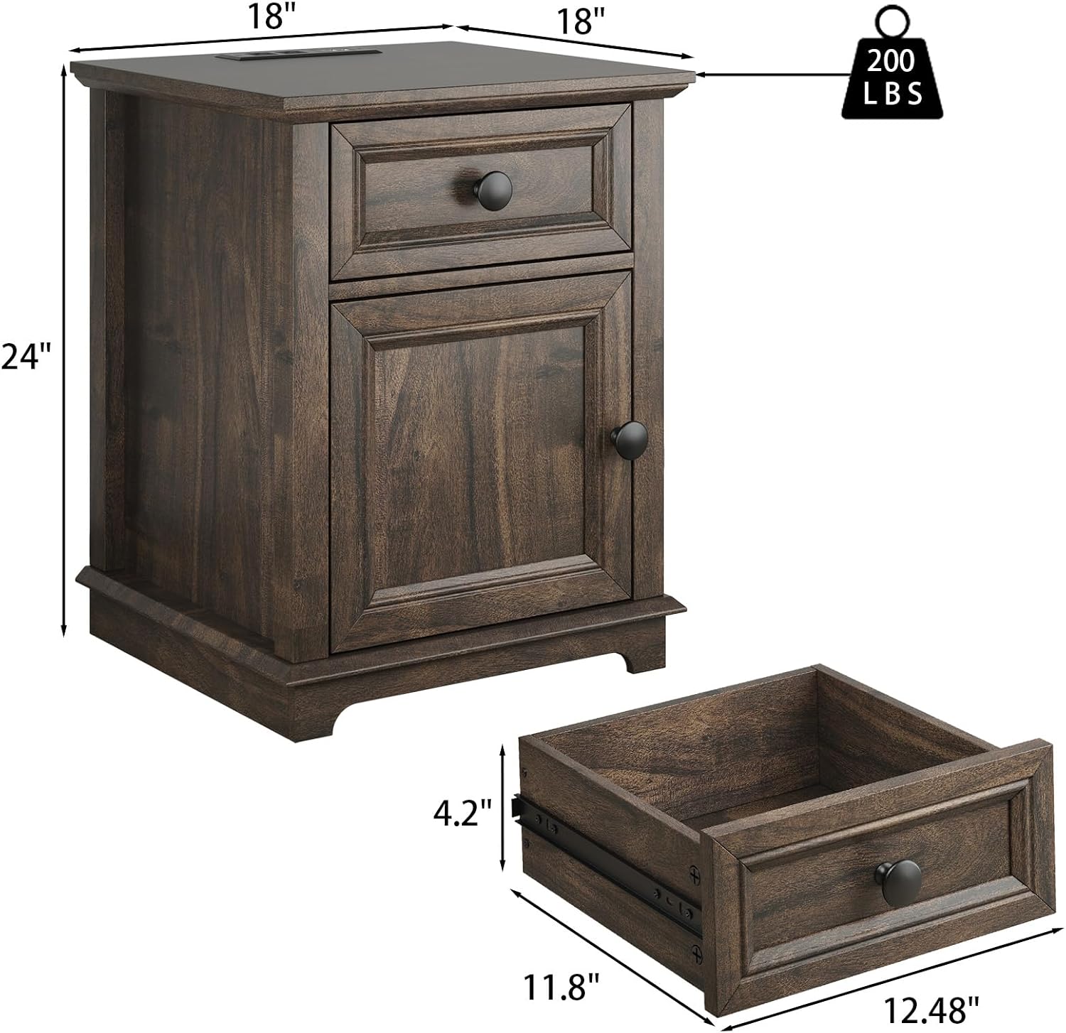 REDAYFUR 24' End Table with Fast Charging Station, Side Table with Drawer, Adjustable Shelf & Large Storage Cabinet, Vintage Wooden Nightstand for Living Room/Bedroom, Rustic Brown