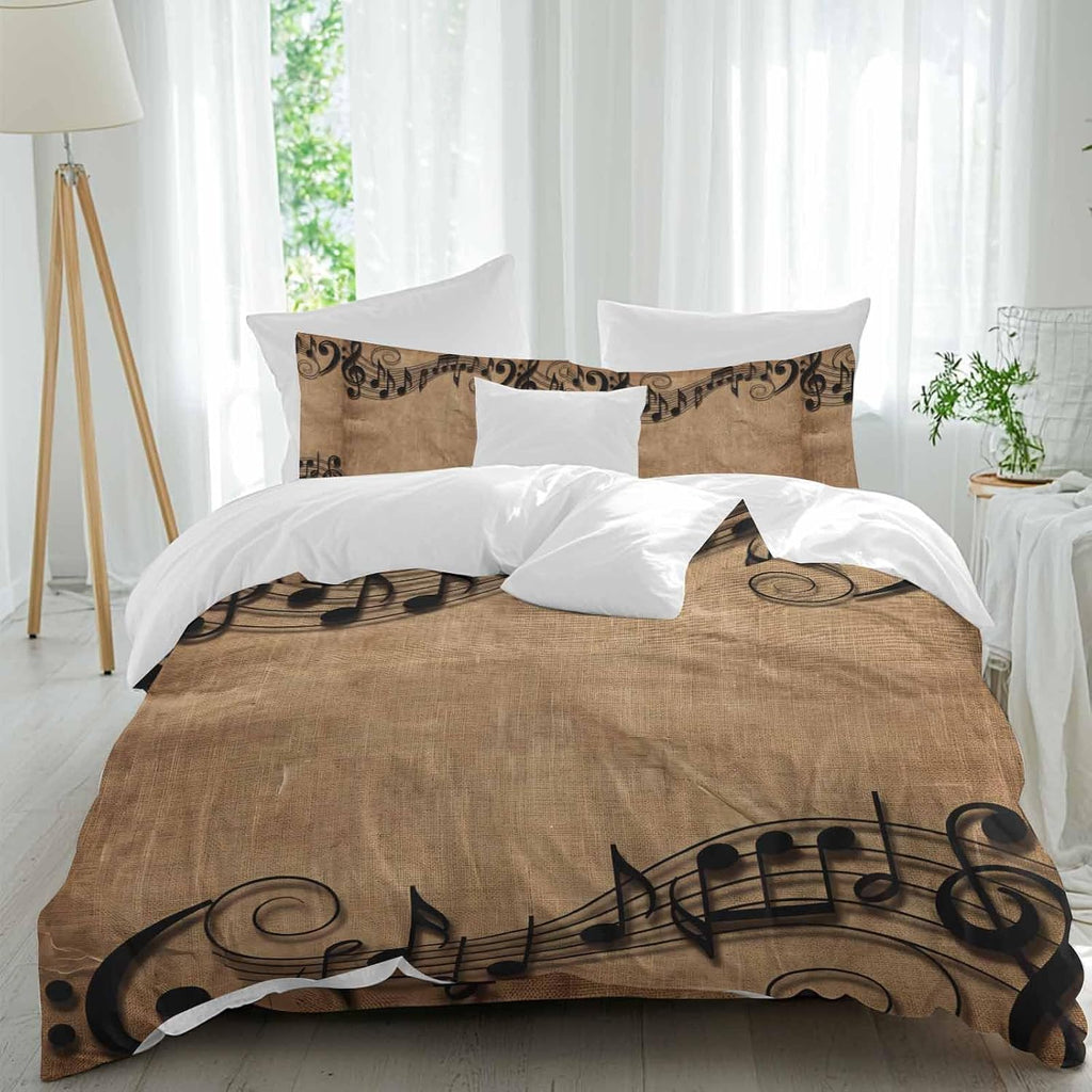 Musical Symbols Duvet Cover Set Queen Size 4 Pieces Musical Staff Retro Brown Background Modern Bedding Set with Zipper Closure, 1 Comforter Cover 90x92 Inches 1 Flat Sheet & 2 Pillow Cases