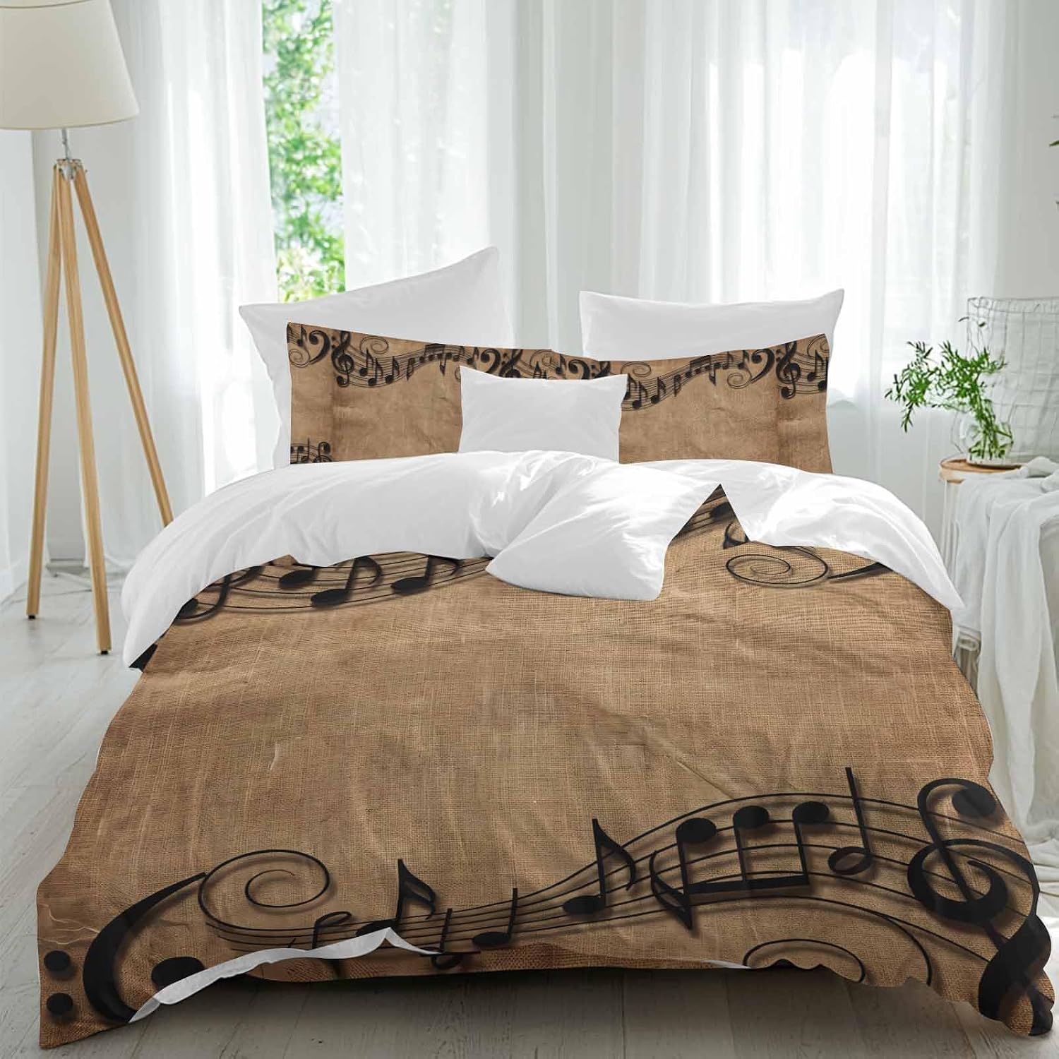 Musical Symbols Duvet Cover Set Queen Size 4 Pieces Musical Staff Retro Brown Background Modern Bedding Set with Zipper Closure, 1 Comforter Cover 90x92 Inches 1 Flat Sheet & 2 Pillow Cases