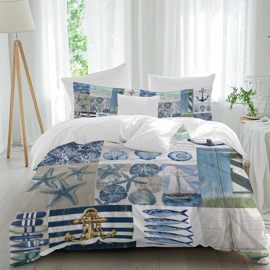 Summer Nautical Duvet Cover Set Queen Size 4 Pieces Blue Starfish Shells Anchor Boat Patchwork Bedding Set with Zipper Closure, 1 Comforter Cover 92x106 Inches 1 Flat Sheet & 2 Pillow Cases