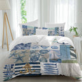Summer Nautical Duvet Cover Set Queen Size 4 Pieces Blue Starfish Shells Anchor Boat Patchwork Bedding Set with Zipper Closure, 1 Comforter Cover 92x106 Inches 1 Flat Sheet & 2 Pillow Cases