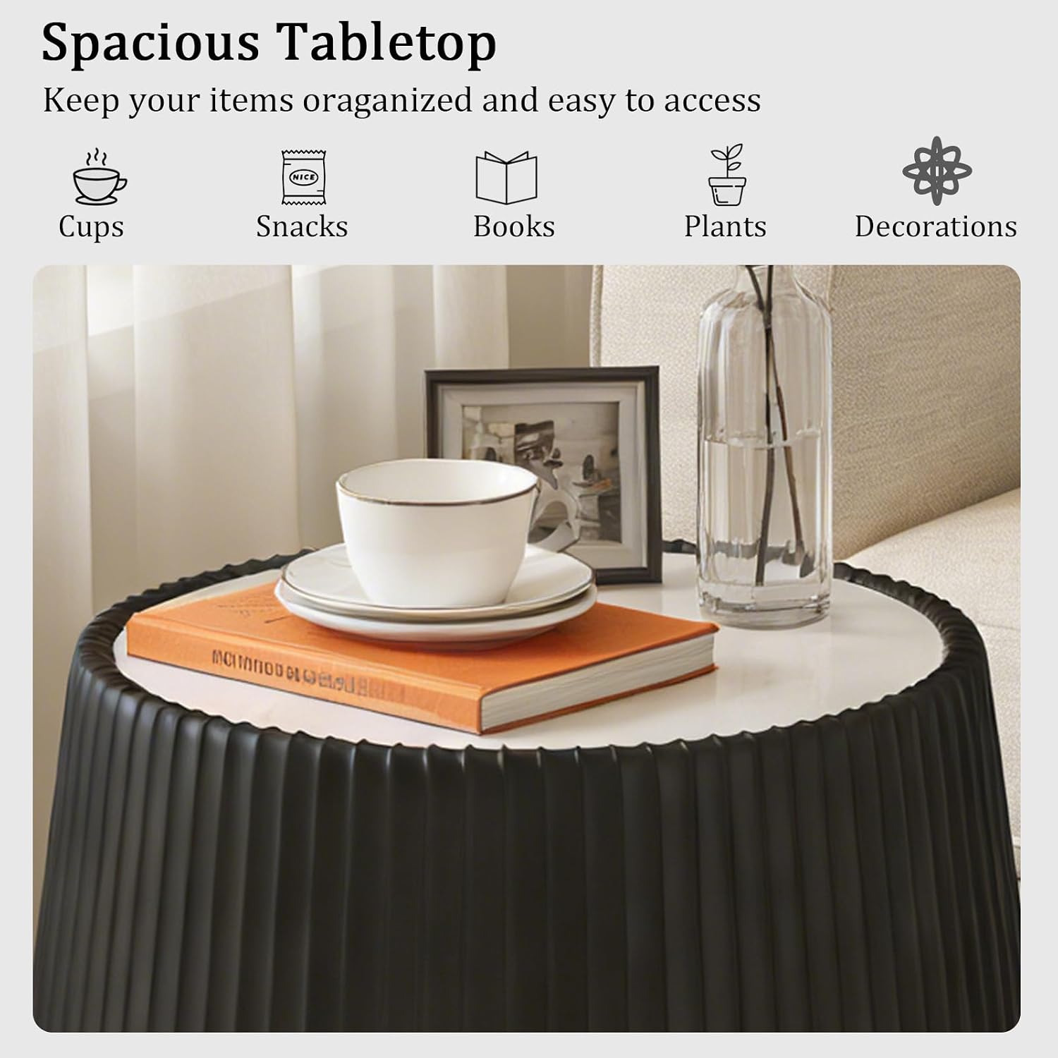 19.68' Black Round Coffee Table, Drum Coffee Table with Sintered Stone Tabletop and Fluted PU Leather Covered and Stable Base, Circle Cocktail Tea Table for Living Room
