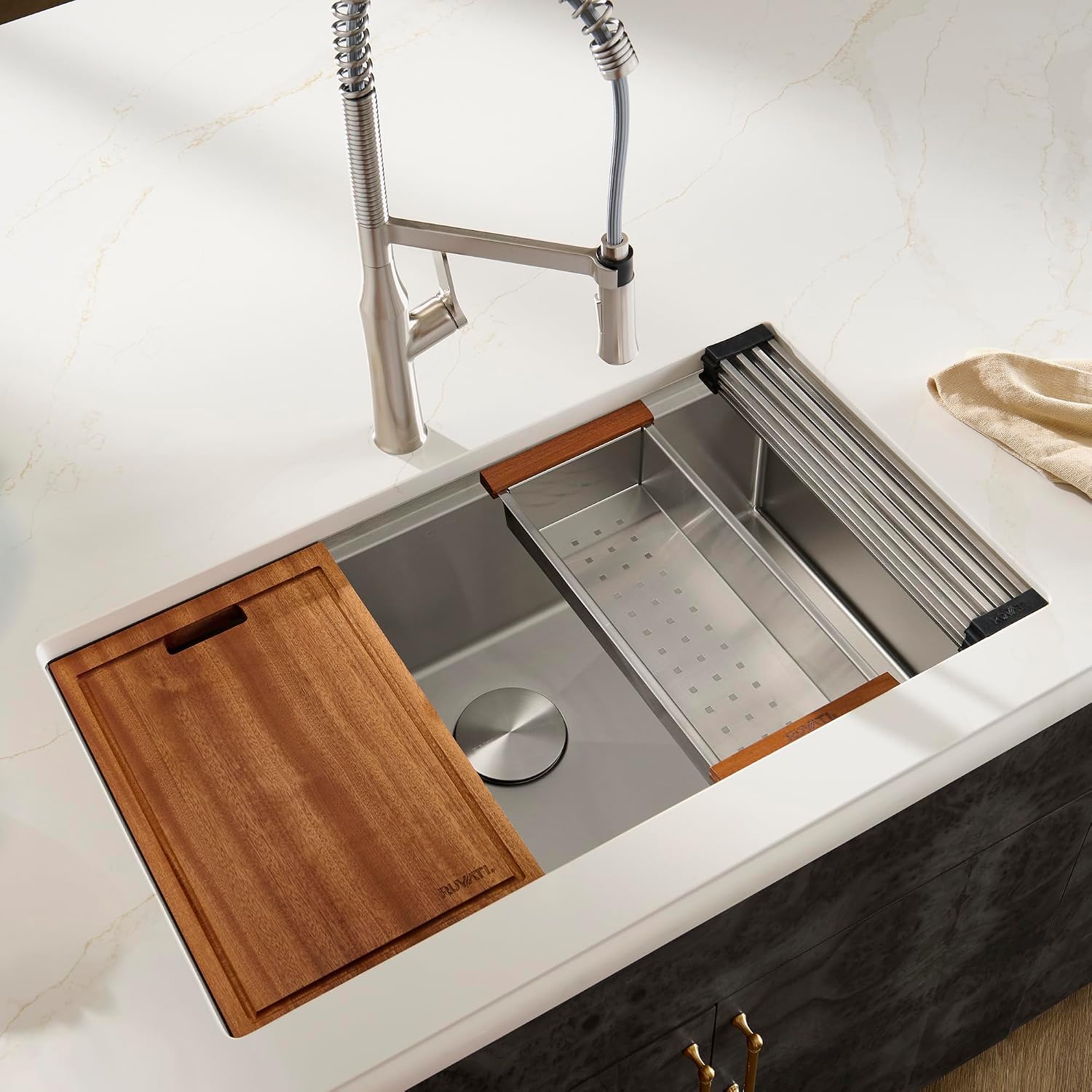 Ruvati 33-inch Round Corner Undermount 16 Gauge Stainless Steel Workstation Kitchen Sink Single Bowl – Soundproof Multifunction Chef Sink with Cutting Board & Accessories – RVH8303