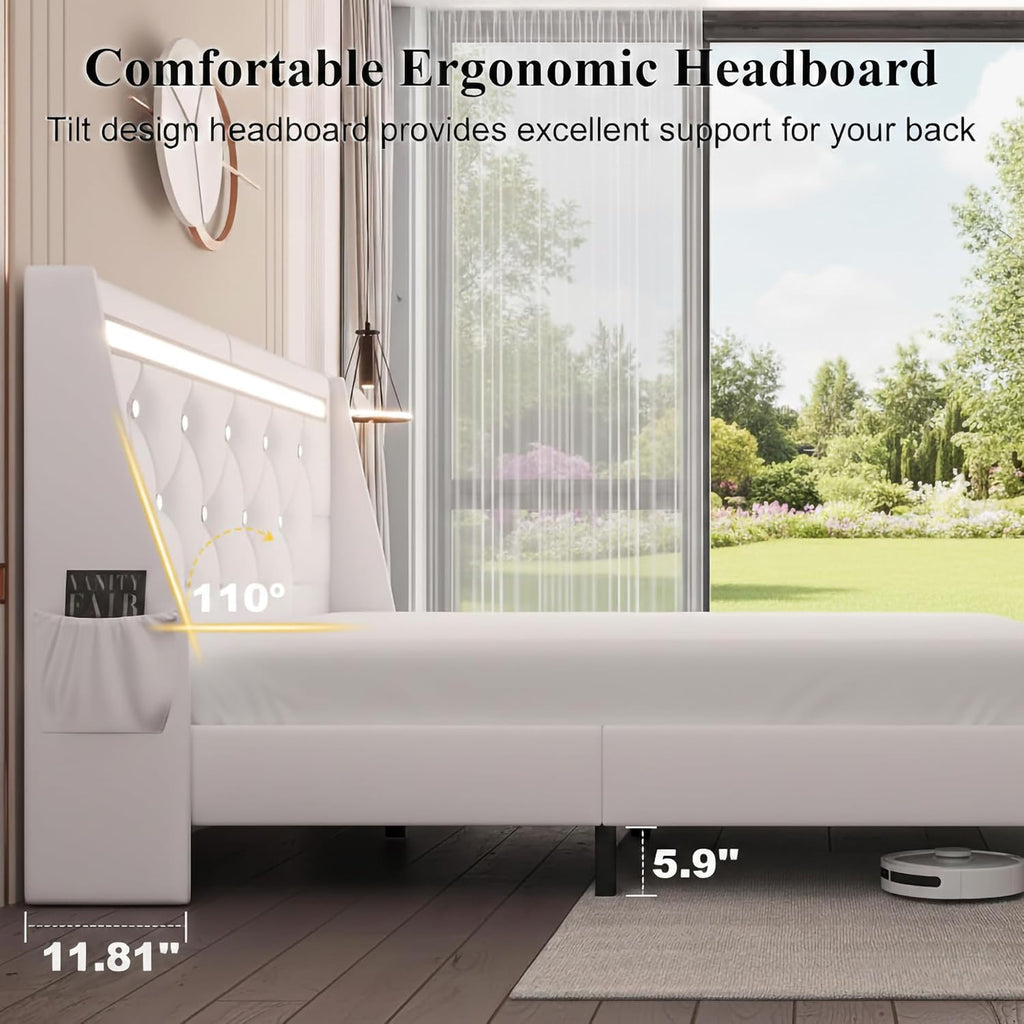 Queen Bed Frame with Storage Drawers and LED Lights/Charging Station, Modern Diamond Upholstered Platform Bed with Wingback Headboard, Wooden Slats Support, No Box Spring Needed (White, Queen)