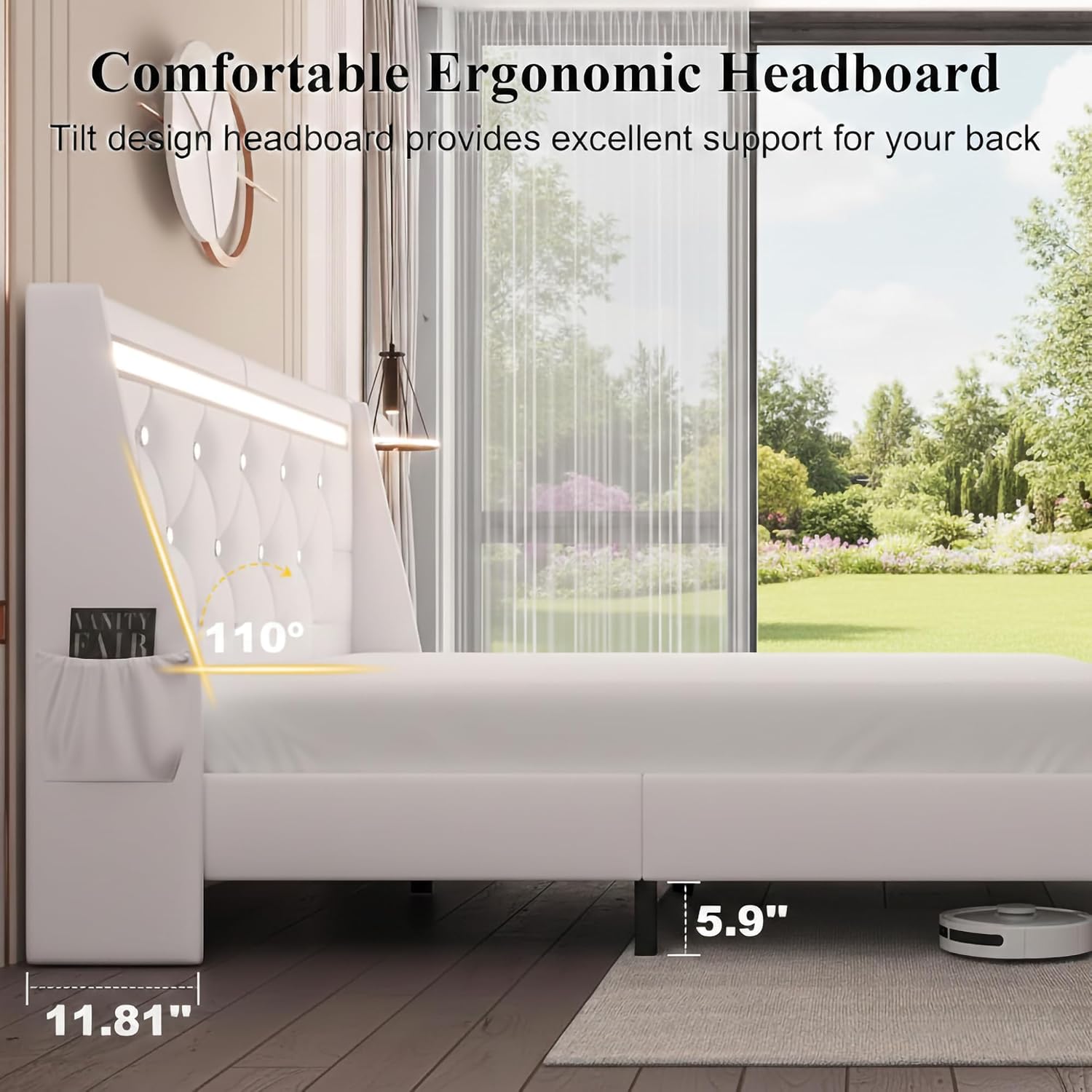 Full Bed Frame with Storage Drawers and LED Lights/Charging Station, Modern Diamond Upholstered Platform Bed with Wingback Headboard, Wooden Slats Support, No Box Spring Needed (White, Full)