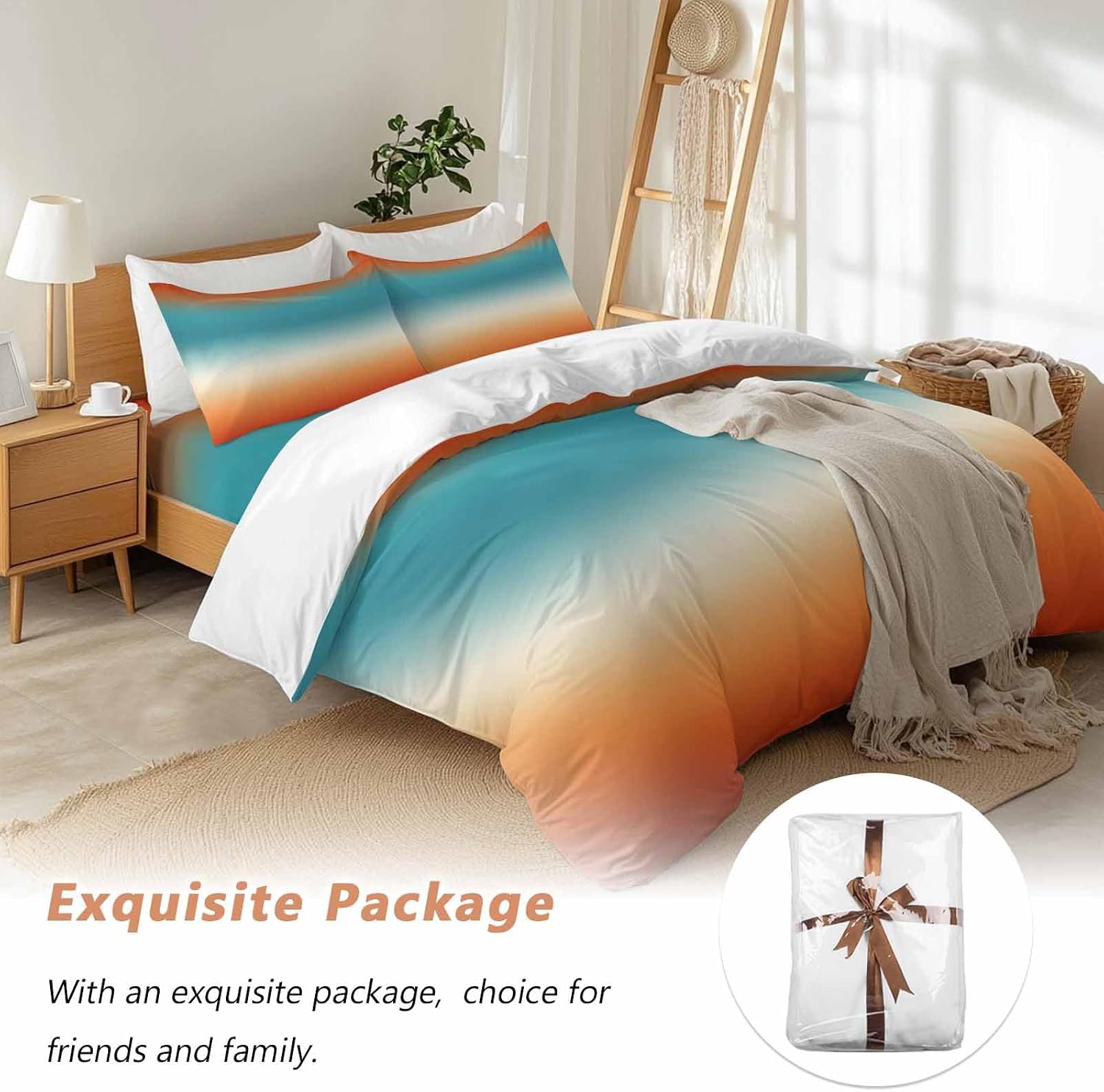 Bohemian Gradient Blue Duvet Cover Set Queen Size 4 Pieces Modern Minimalist Red Orange Ocean Beach Bedding Set with Zipper Closure, 1 Comforter Cover 86x86 Inches 1 Flat Sheet & 2 Pillow Cases