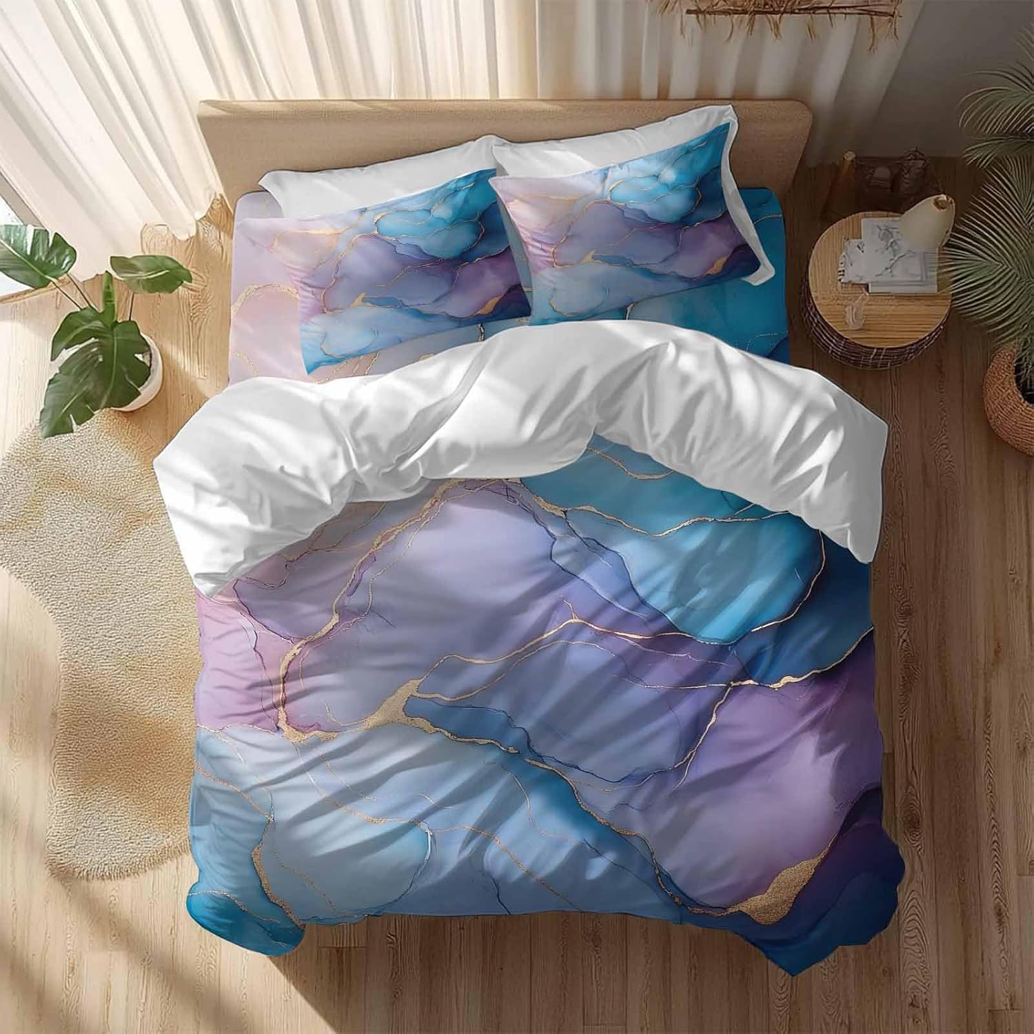 Prime Leader Abstract Impressionist Duvet Cover Set Queen Size 4 Pieces Blue Marble Texture Bedding Set with Zipper Closure, 1 Comforter Cover 92x106 Inches 1 Flat Sheet & 2 Pillow Cases