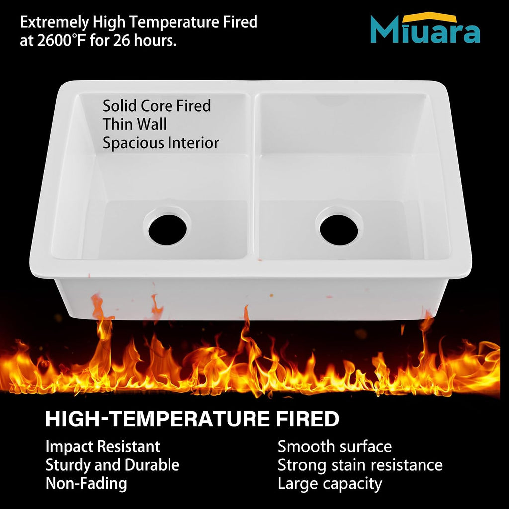 Miuara White Undermount Kitchen Sink 32 Inch Double Bowl 50/50 - Topmount Fireclay Drop In Sink 32'x19'x10', Dual Mount, Heavy Duty Dual Basin, with 4 Custom Accessories, Glossy White, for Kitchen