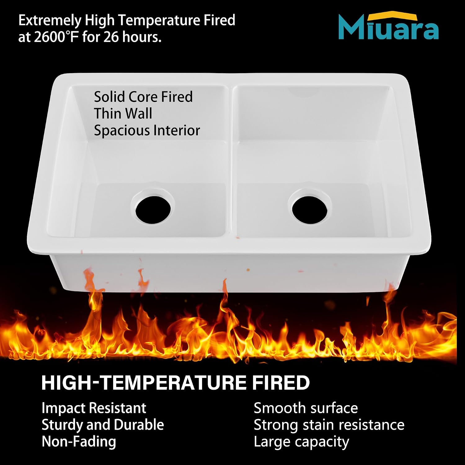 Miuara White Undermount Kitchen Sink 32 Inch Double Bowl 50/50 - Topmount Fireclay Drop In Sink 32'x19'x10', Dual Mount, Heavy Duty Dual Basin, with 4 Custom Accessories, Glossy White, for Kitchen
