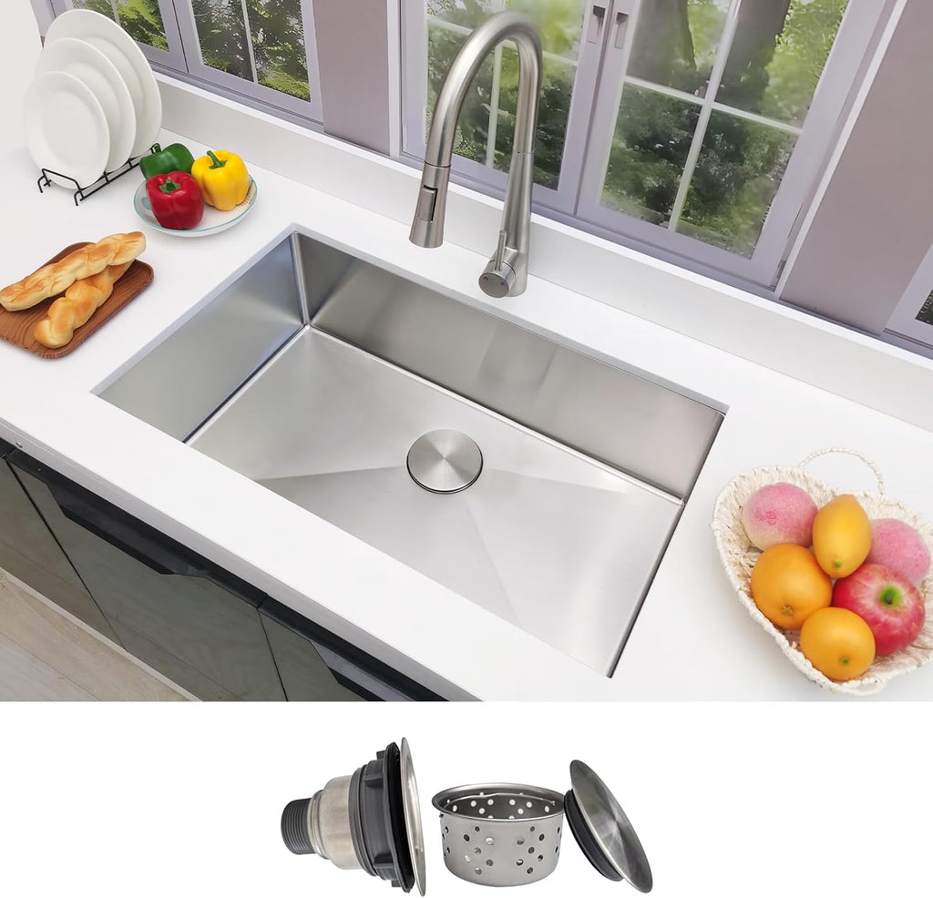 30 Inch Undermount Kitchen Sink - Delironexu 18 Gauge Stainless Steel Single Bowl Kitchen Sinks 30'x18'x9' Handmade Design with Brushed, Includes Drain Kit (No Additional Accessories)