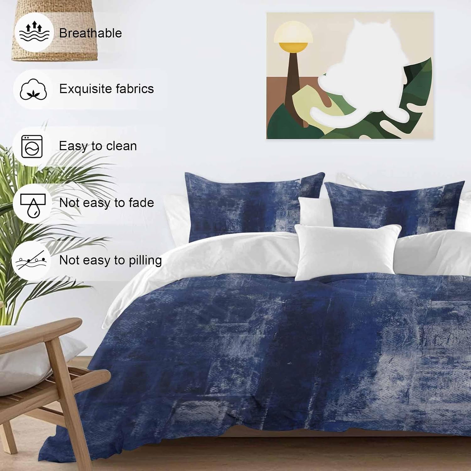 Prime Leader Navy Blue Duvet Cover Set Queen Size 4 Pieces Abstract Art Graffiti Paint Style Bedding Set with Zipper Closure, 1 Comforter Cover 92x106 Inches 1 Flat Sheet & 2 Pillow Cases