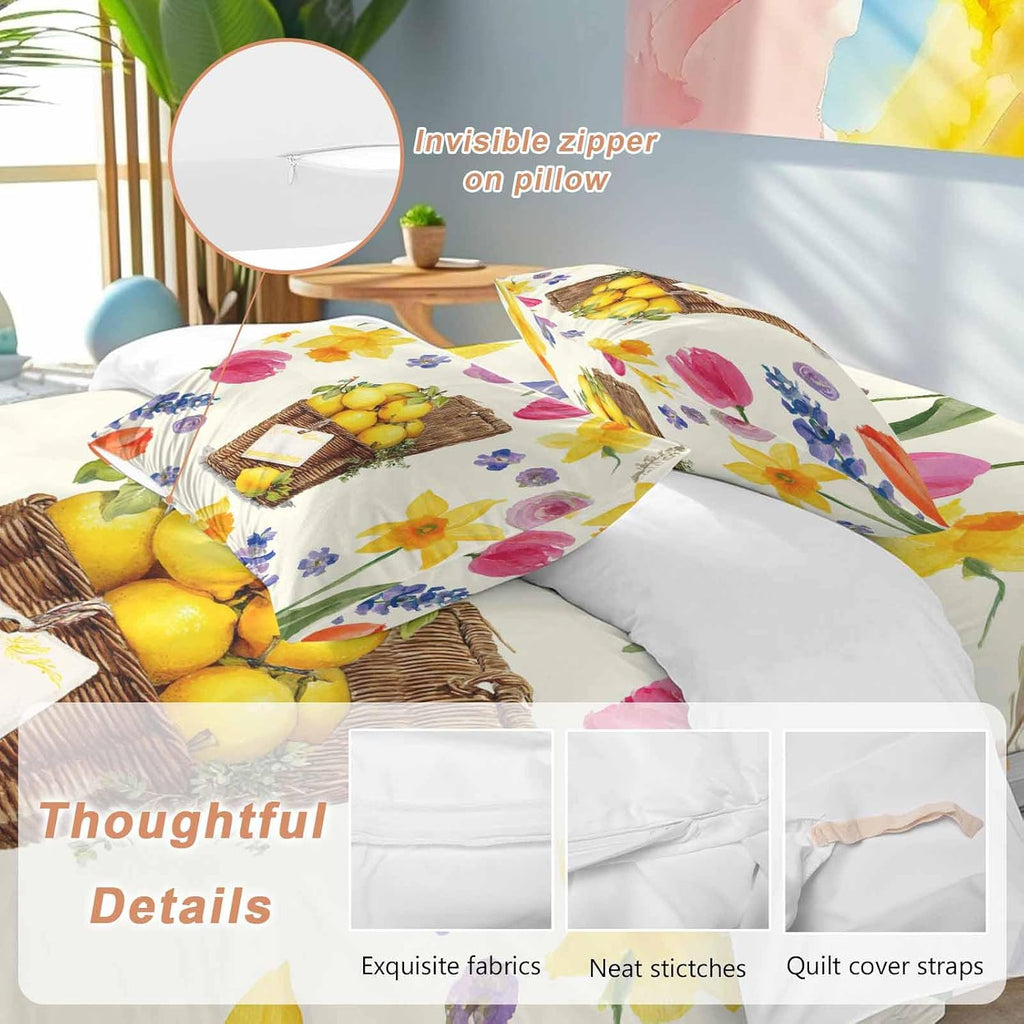 Spring Floral Duvet Cover Set Queen Size 4 Pieces Watercolor Lemon Oil Painting Flowers Farmhouse Bedding Set with Zipper Closure, 1 Comforter Cover 90x92 Inches 1 Flat Sheet & 2 Pillow Cases