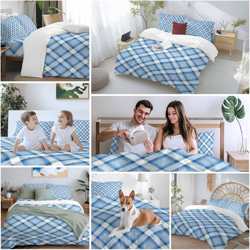 Prime Leader Blue Checkered Duvet Cover Set Queen Size 4 Pieces Modern Minimalist Watercolor Country Farm Bedding Set with Zipper Closure, 1 Comforter Cover 90x92 Inches 1 Flat Sheet & 2 Pillow Cases