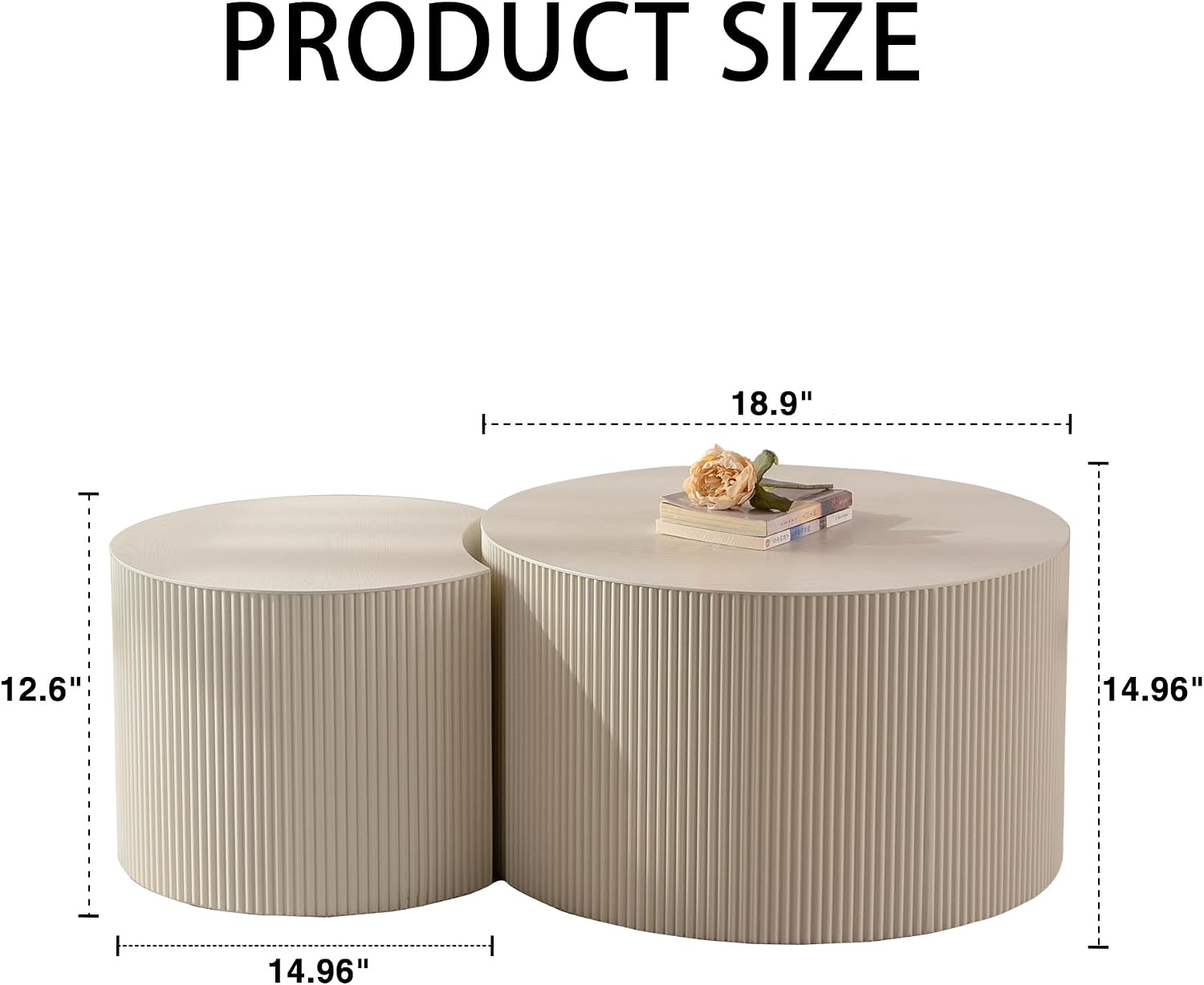Nesting Coffee Table Set of 2, Round & Crescent Moon Wood Coffee Table and End Table Sets, Modern Luxury Accent Center Tea Table for Living Room Bedroom, （Beige + Cream, 18.9' & 14.96'
