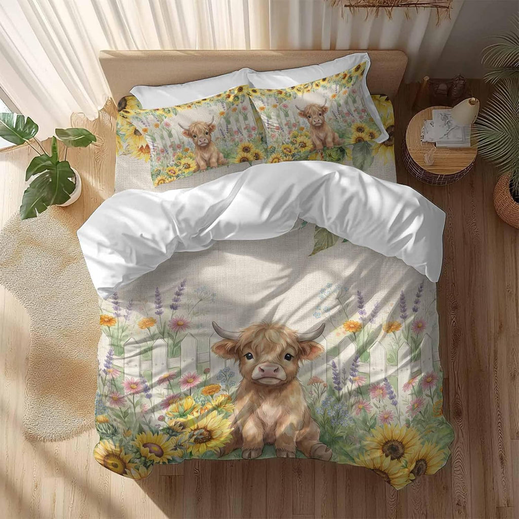 Farm Highland Cattle Duvet Cover Set Queen Size 4 Pieces Farmhouse Sunflower Cow Fence Linen Texture Bedding Set with Zipper Closure, 1 Comforter Cover 92x106 Inches 1 Flat Sheet & 2 Pillow Cases