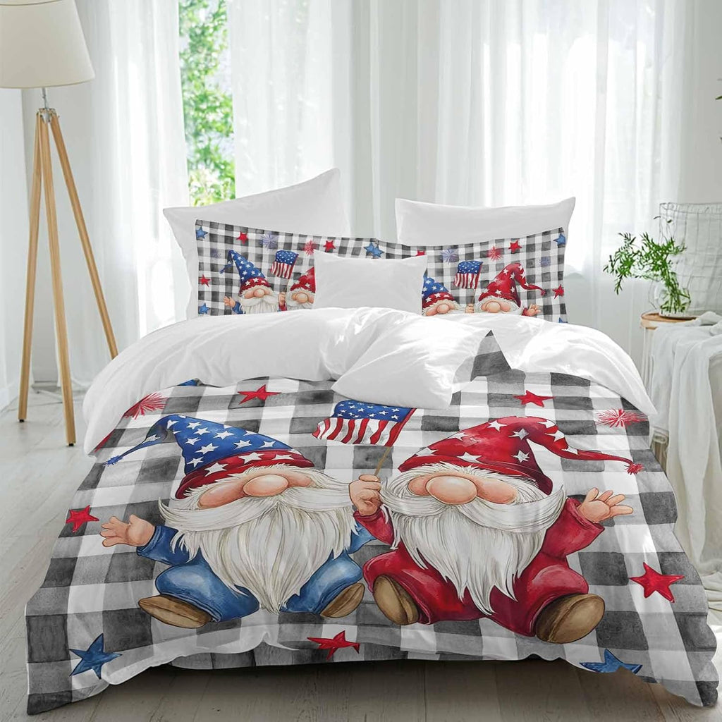 Prime Leader Independence Day Duvet Cover Set Queen Size 4 Pieces Patriotic Gnomes USA Flag Black Plaid Bedding Set with Zipper Closure, 1 Comforter Cover 92x106 Inches 1 Flat Sheet & 2 Pillow Cases