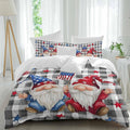 Prime Leader Independence Day Duvet Cover Set Queen Size 4 Pieces Patriotic Gnomes USA Flag Black Plaid Bedding Set with Zipper Closure, 1 Comforter Cover 92x106 Inches 1 Flat Sheet & 2 Pillow Cases