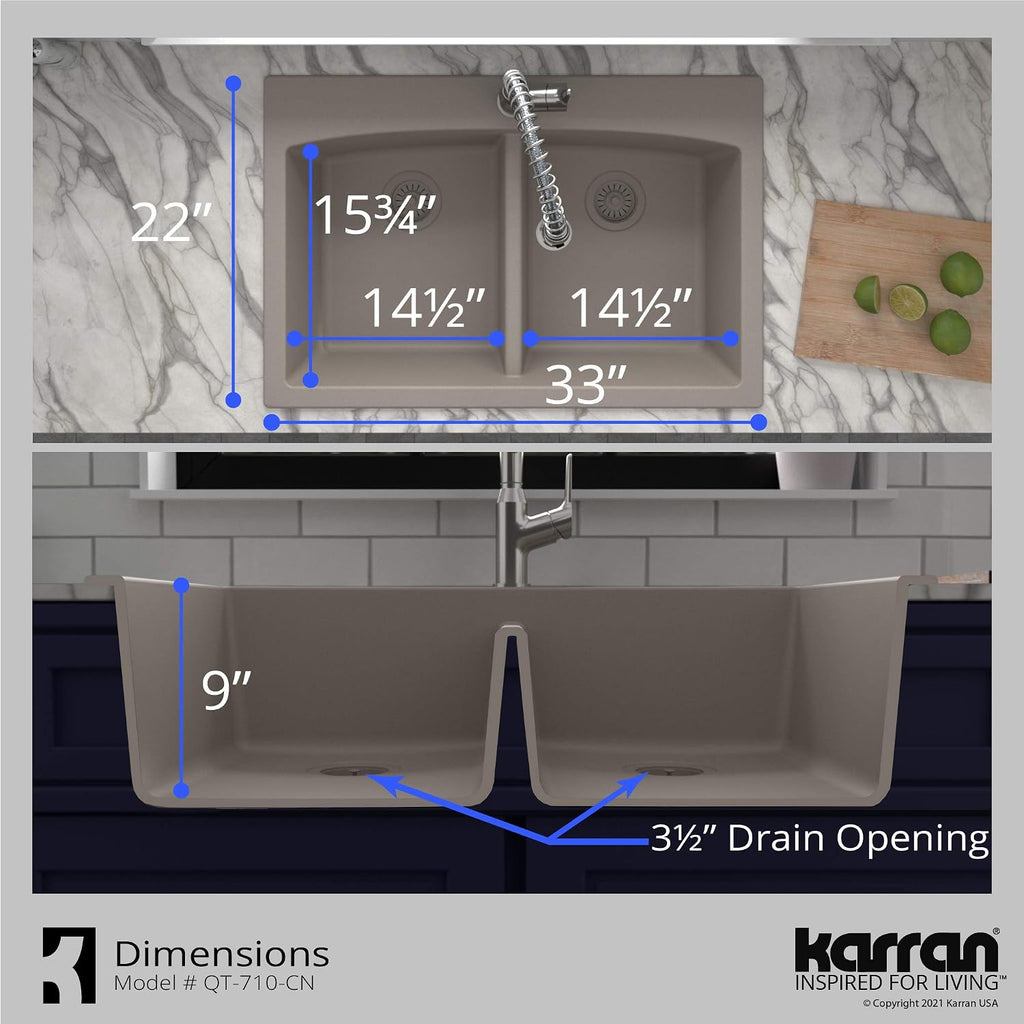 Karran QT-710 33 Inch Top Mount Double Bowl Kitchen Sink, 50/50 Low Divide Quartz Composite Drop-In Sink, Rear Drain, Heat and Scratch Resistant, Concrete