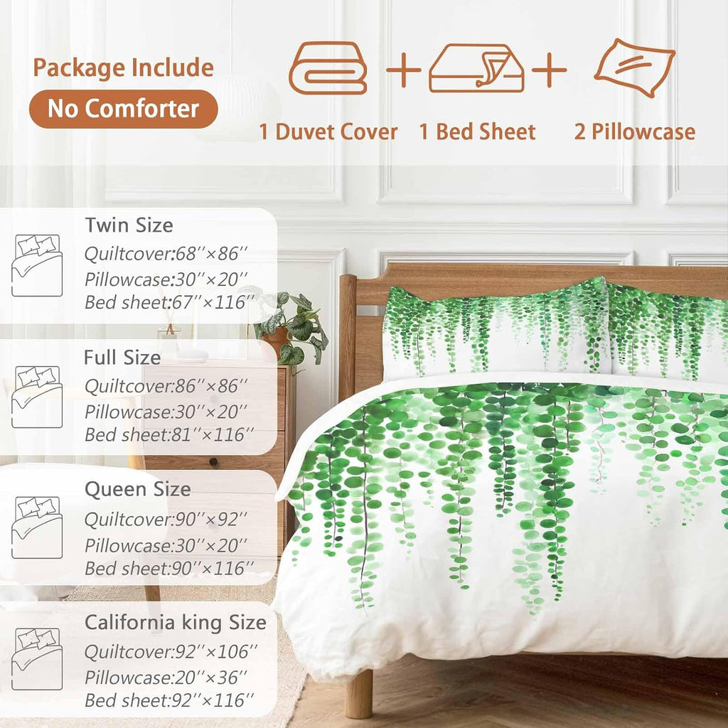 Prime Leader Green Eucalyptus Leaves Duvet Cover Set Queen Size 4 Pieces Summer Watercolor Plants Bedding Set with Zipper Closure, 1 Comforter Cover 92x106 Inches 1 Flat Sheet & 2 Pillow Cases