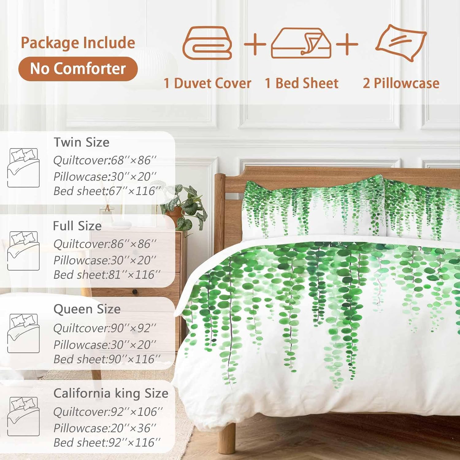 Prime Leader Green Eucalyptus Leaves Duvet Cover Set Queen Size 4 Pieces Summer Watercolor Plants Bedding Set with Zipper Closure, 1 Comforter Cover 92x106 Inches 1 Flat Sheet & 2 Pillow Cases