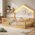 Full Size Floor Bed with High Rails, Wooden Montessori Bed Full with Light & Wood Slats, Low Profile Montessori Floor Beds for Kids, Boys & Girls, Natural