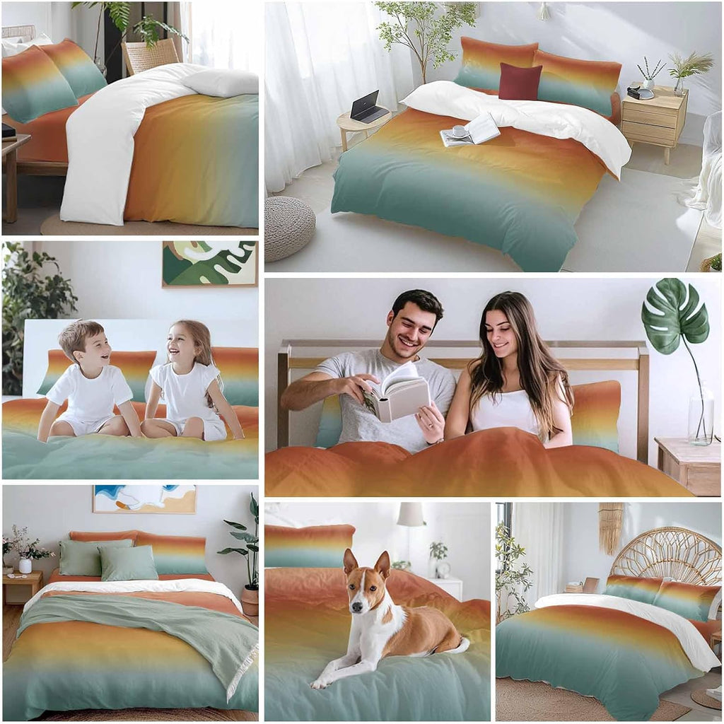 Bohemian Gradient Green Duvet Cover Set Queen Size 4 Pieces Modern Minimalist Orange Yellow Ocean Beach Bedding Set with Zipper Closure, 1 Comforter Cover 92x106 Inches 1 Flat Sheet & 2 Pillow Cases