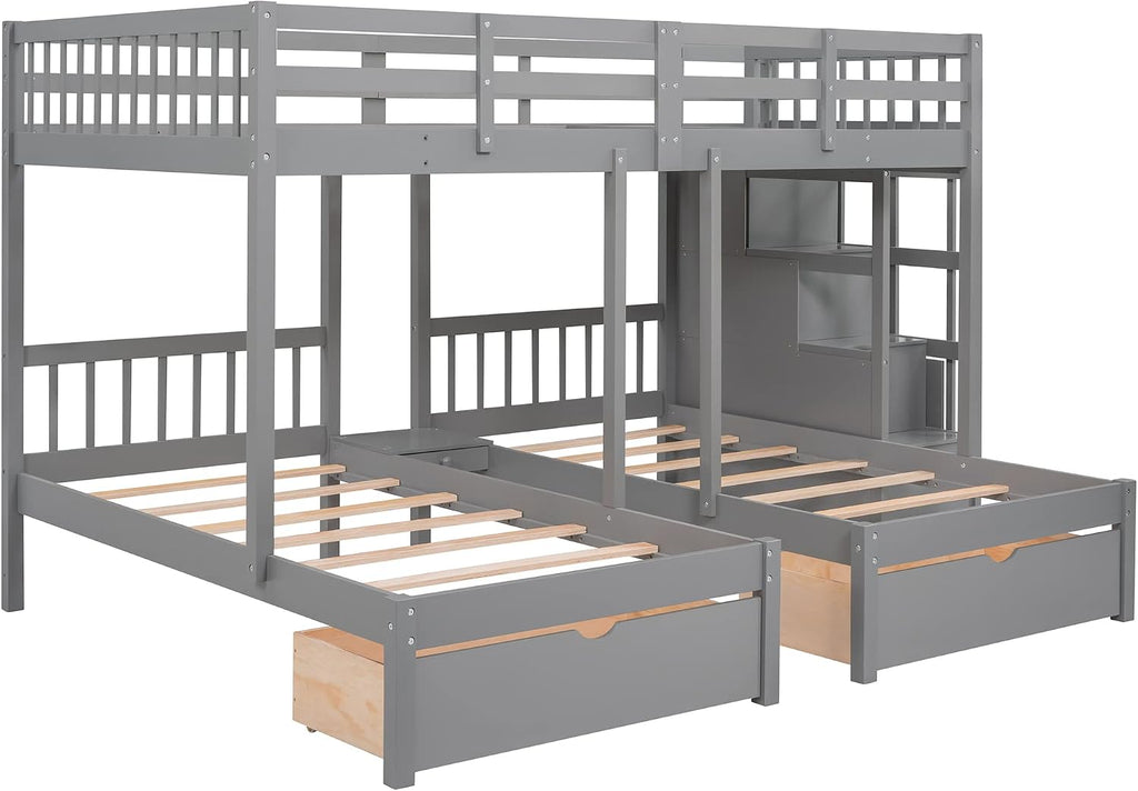 VilroCaz Upgraded Version Full Over Twin & Twin Bunk Bed, Solid Wood Triple Bunk Bed with Storage Drawers and Staircase, Strong Sturdy Bunk Bed Frame with Guardrails for Kids Teens Aldults (Gray-U)