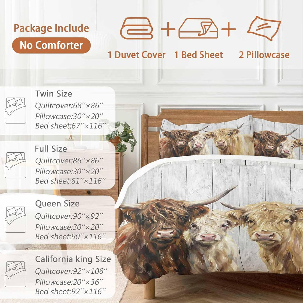 Farm Highland Cattles Duvet Cover Set Queen Size 4 Pieces Farmhouse Brown Cow Country Gray Wood Grain Bedding Set with Zipper Closure, 1 Comforter Cover 92x106 Inches 1 Flat Sheet & 2 Pillow Cases