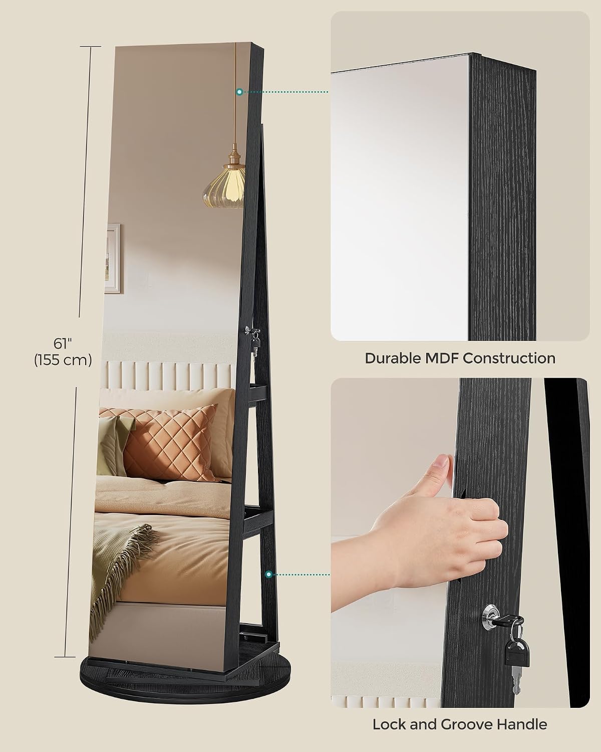 SONGMICS 6 LEDs Lockable Mirror Jewelry Cabinet, 360° Swivel Jewelry Organizer Armoire Standing, Frameless Full-Length Mirror, 3 Storage Shelves, Black Surface, Black Lining UJJC007B01