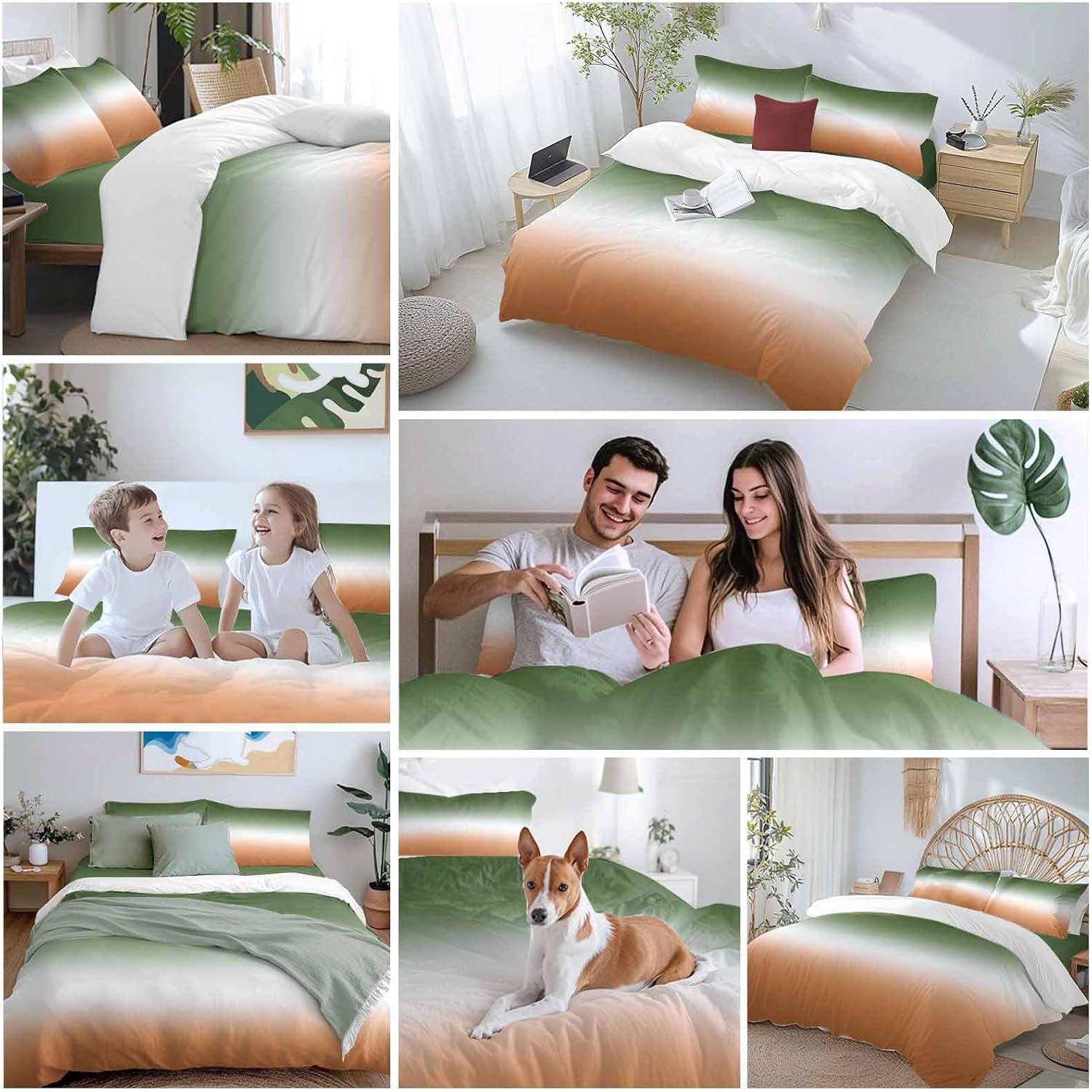 Bohemian Gradient Sage Green Duvet Cover Set Queen Size 4 Pieces Modern Minimalist Green Orange Ocean Beach Bedding Set with Zipper Closure,1 Comforter Cover 90x92 Inches 1 Flat Sheet & 2 Pillow Cases