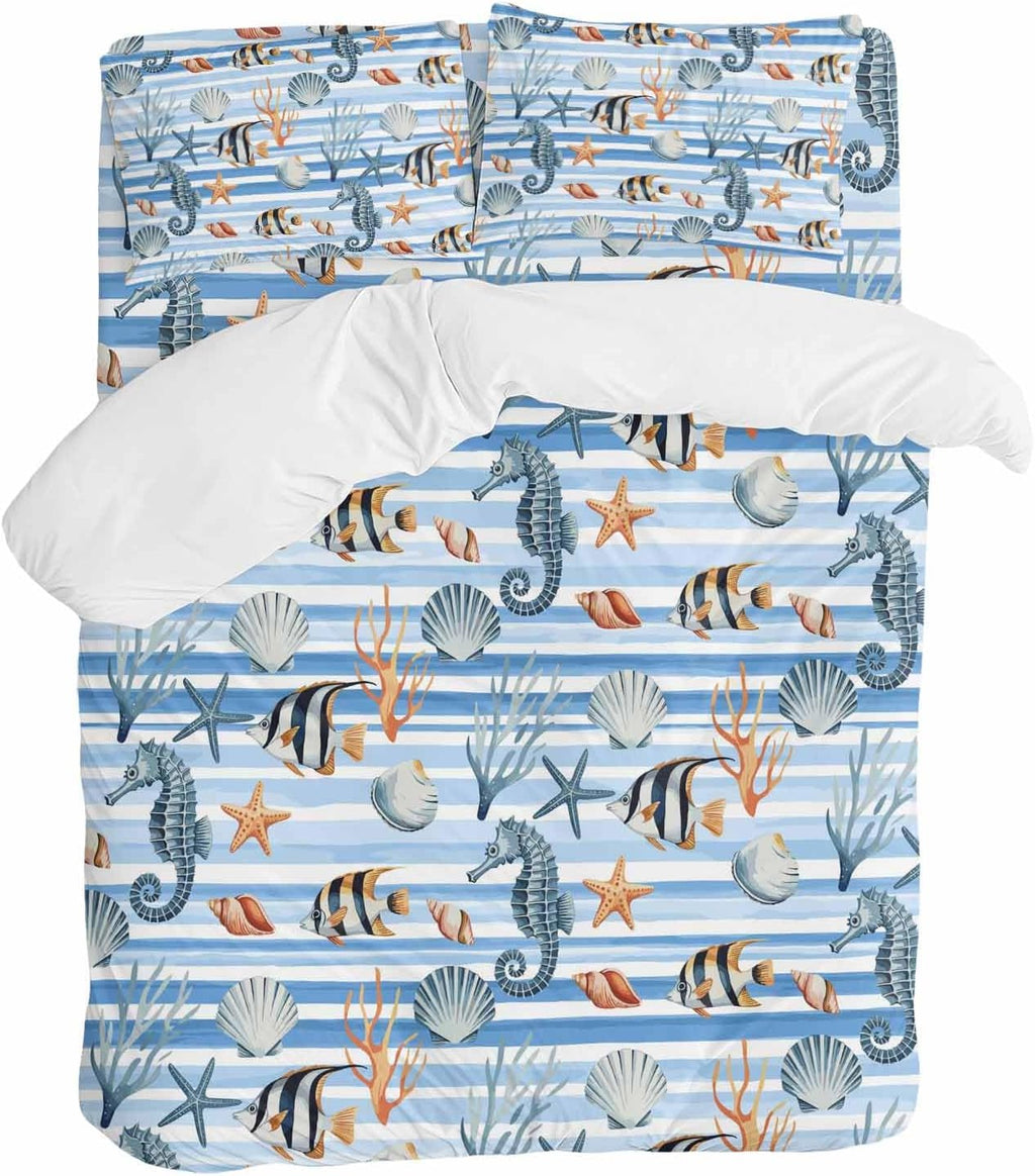Summer Marine Life Duvet Cover Set Queen Size 4 Pieces Seahorses Corals Tropical Fish Blue Striped Bedding Set with Zipper Closure, 1 Comforter Cover 92x106 Inches 1 Flat Sheet & 2 Pillow Cases