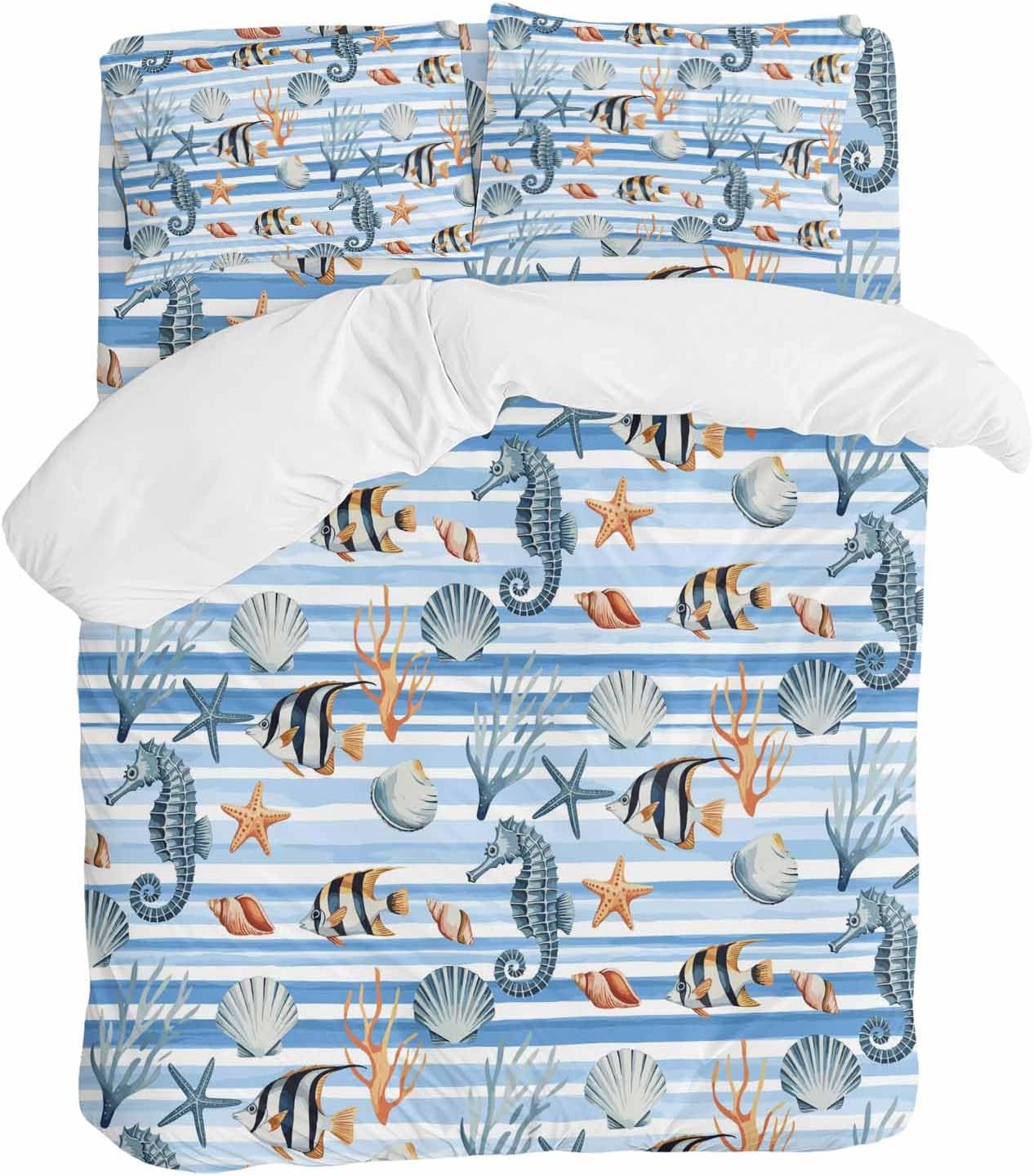 Summer Marine Life Duvet Cover Set Queen Size 4 Pieces Seahorses Corals Tropical Fish Blue Striped Bedding Set with Zipper Closure, 1 Comforter Cover 92x106 Inches 1 Flat Sheet & 2 Pillow Cases