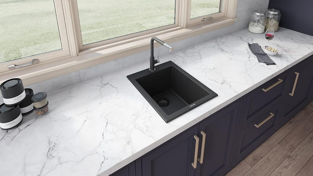 Ruvati 18 x 20 inch epiGranite Drop-in Topmount Granite Composite Quartz Single Bowl Wet Bar Prep Sink - Midnight Black - RVG1018BK
