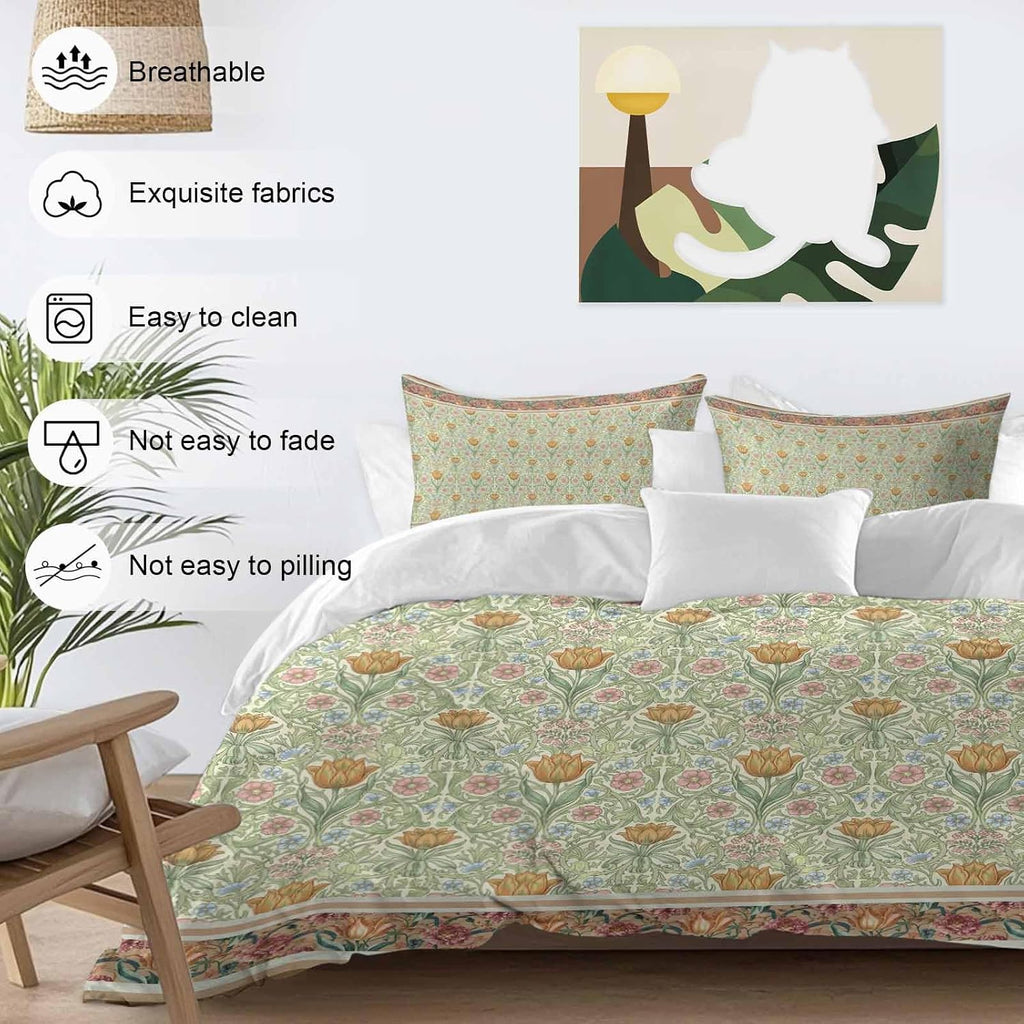 Prime Leader Flowers Duvet Cover Set Queen Size 4 Pieces Ethnic Abstract Yellow Pink Floral Green Leaf Bedding Set with Zipper Closure, 1 Comforter Cover 86x86 Inches 1 Flat Sheet & 2 Pillow Cases