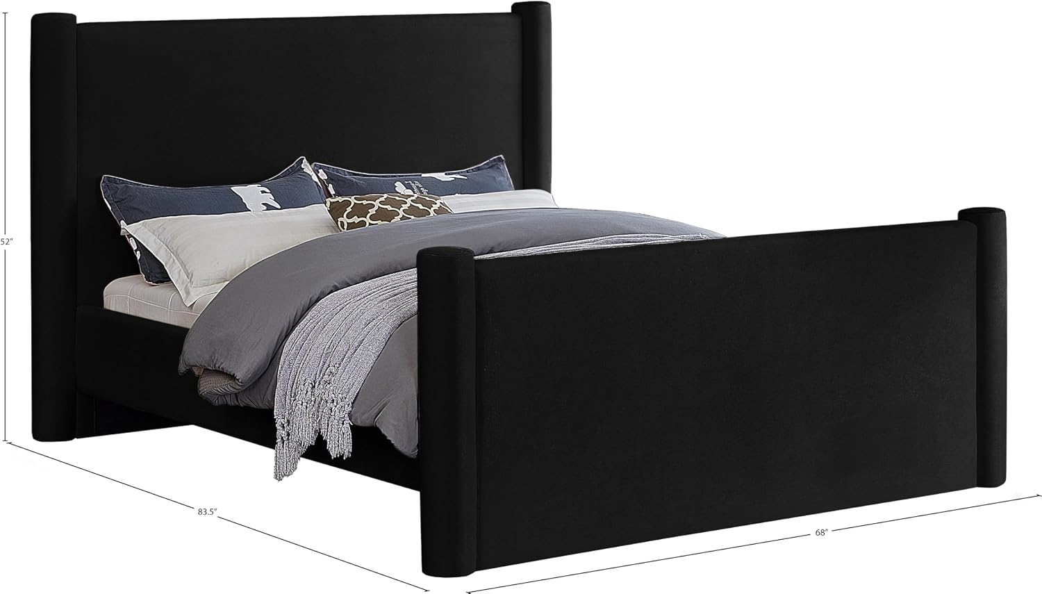 Meridian Furniture B1298Black-F Elias Collection Modern | Contemporary Full Bed with Soft Black Velvet, Solid Wood Inner Frame, 68' W x 83.5' D x 52' H, Black, Full