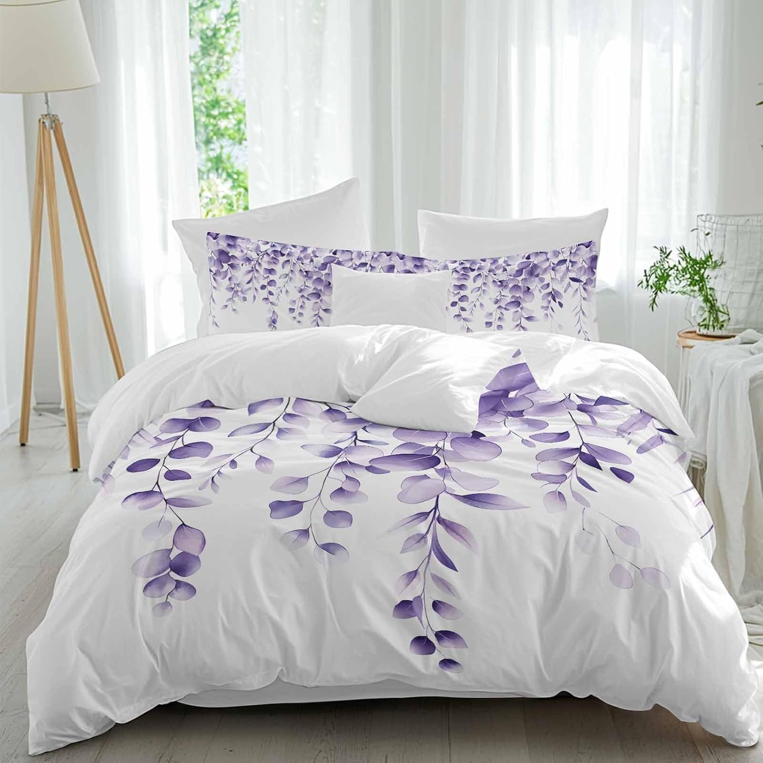 Purple Leaves Duvet Cover Set Queen Size 4 Pieces Eucalyptus Leaf Watercolor Plant Botanical Bedding Set with Zipper Closure, 1 Comforter Cover 92x106 Inches 1 Flat Sheet & 2 Pillow Cases