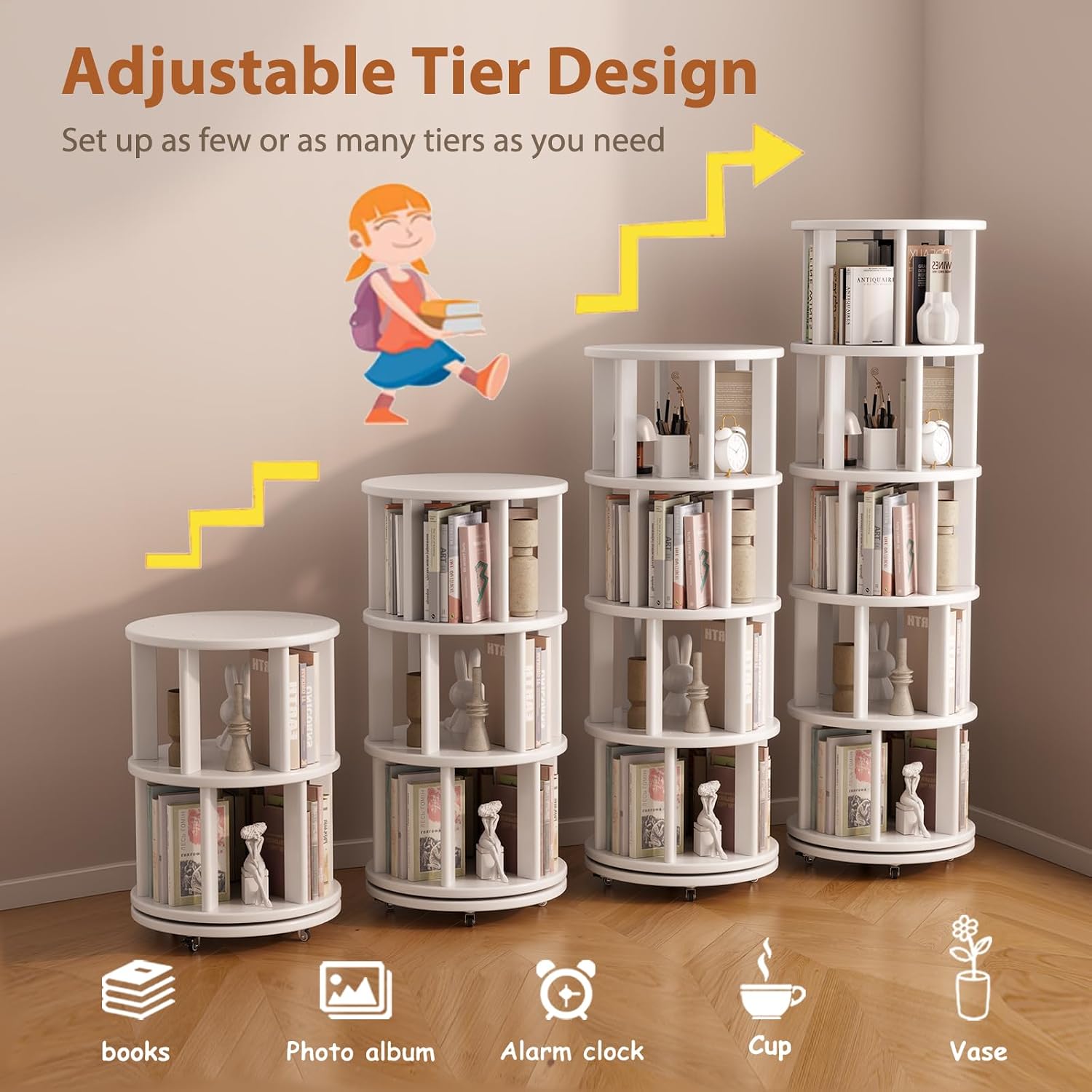 Muwuele Solid Wood Rotating Bookshelf on Wheels, 5 Tier, Round Revolving Bookcase, 360° Spinning Book Shelf Tower for Kids, Narrow Rolling Bookshelves for Small Space, Corner, Bedroom, Office, White