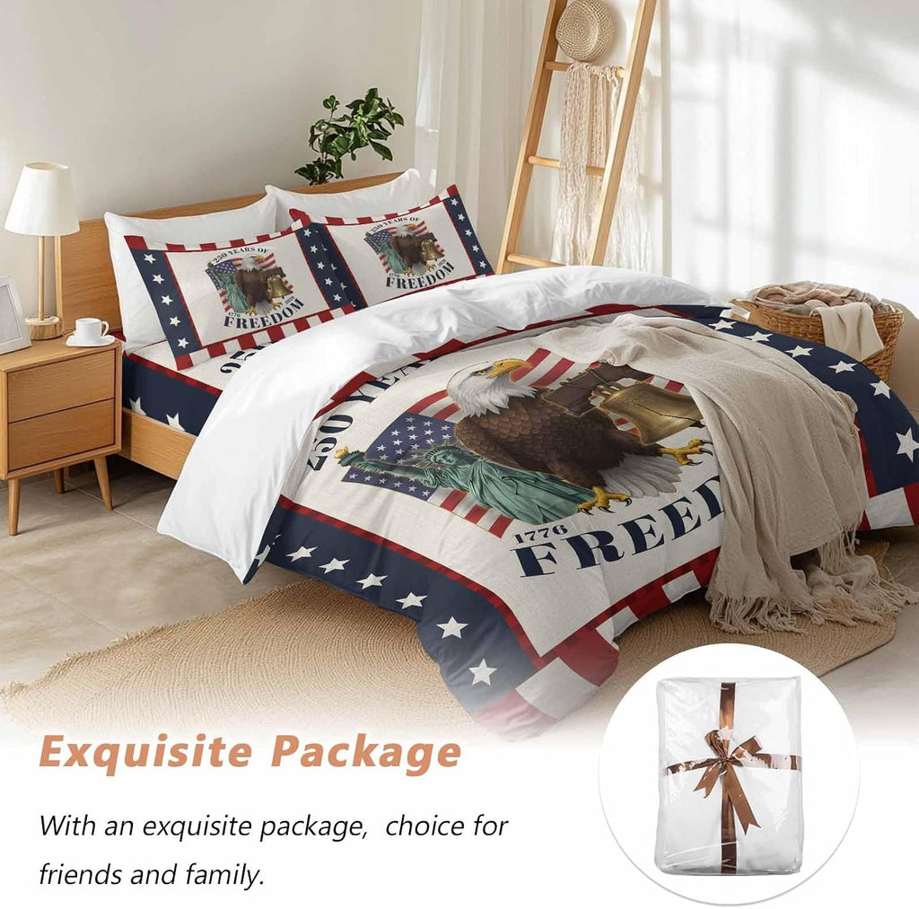 250 Years of Freedom Duvet Cover Set Queen Size 4 Pieces Independence Day Bald Eagle Star Stripe Bedding Set with Zipper Closure, 1 Comforter Cover 90x92 Inches 1 Flat Sheet & 2 Pillow Cases